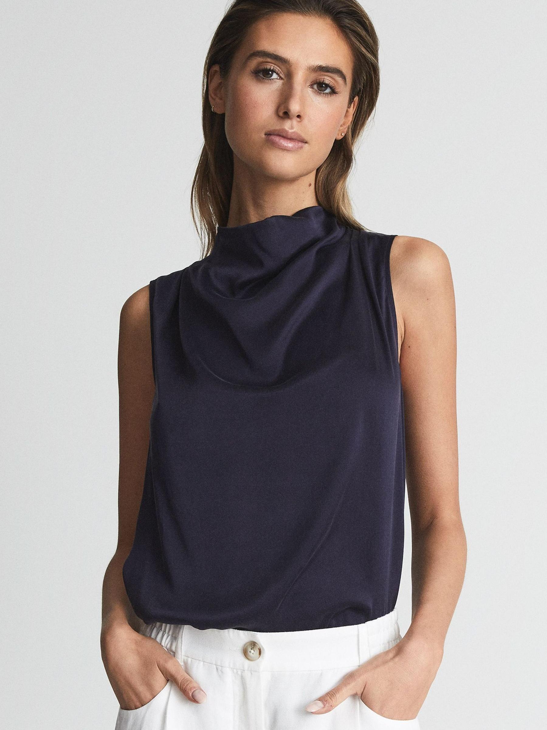 Silk Front Sleeveless Blouse in Navy - Image 4 of 6