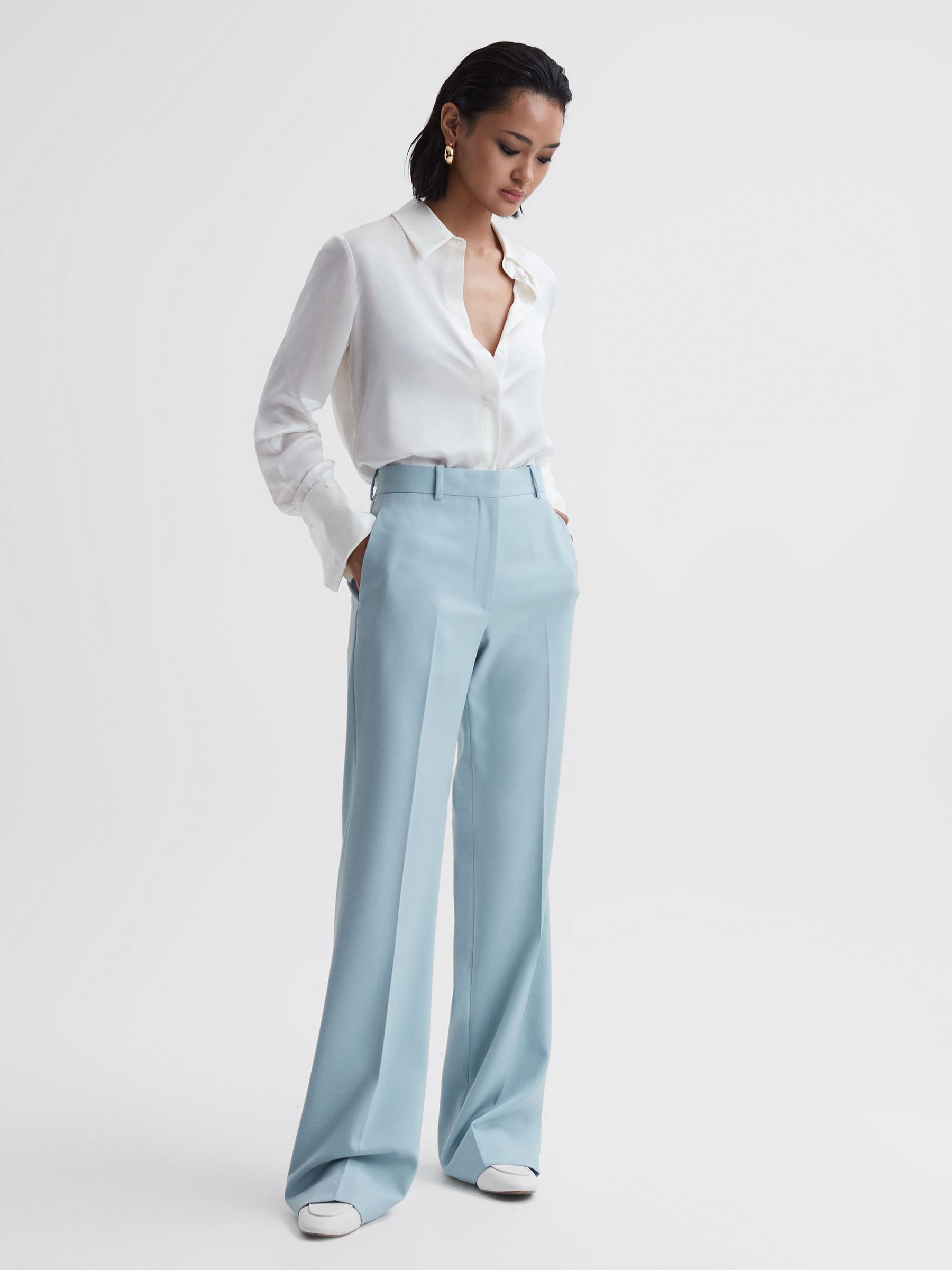 Wide Leg Wool Blend Trousers in Blue - Image 1 of 5