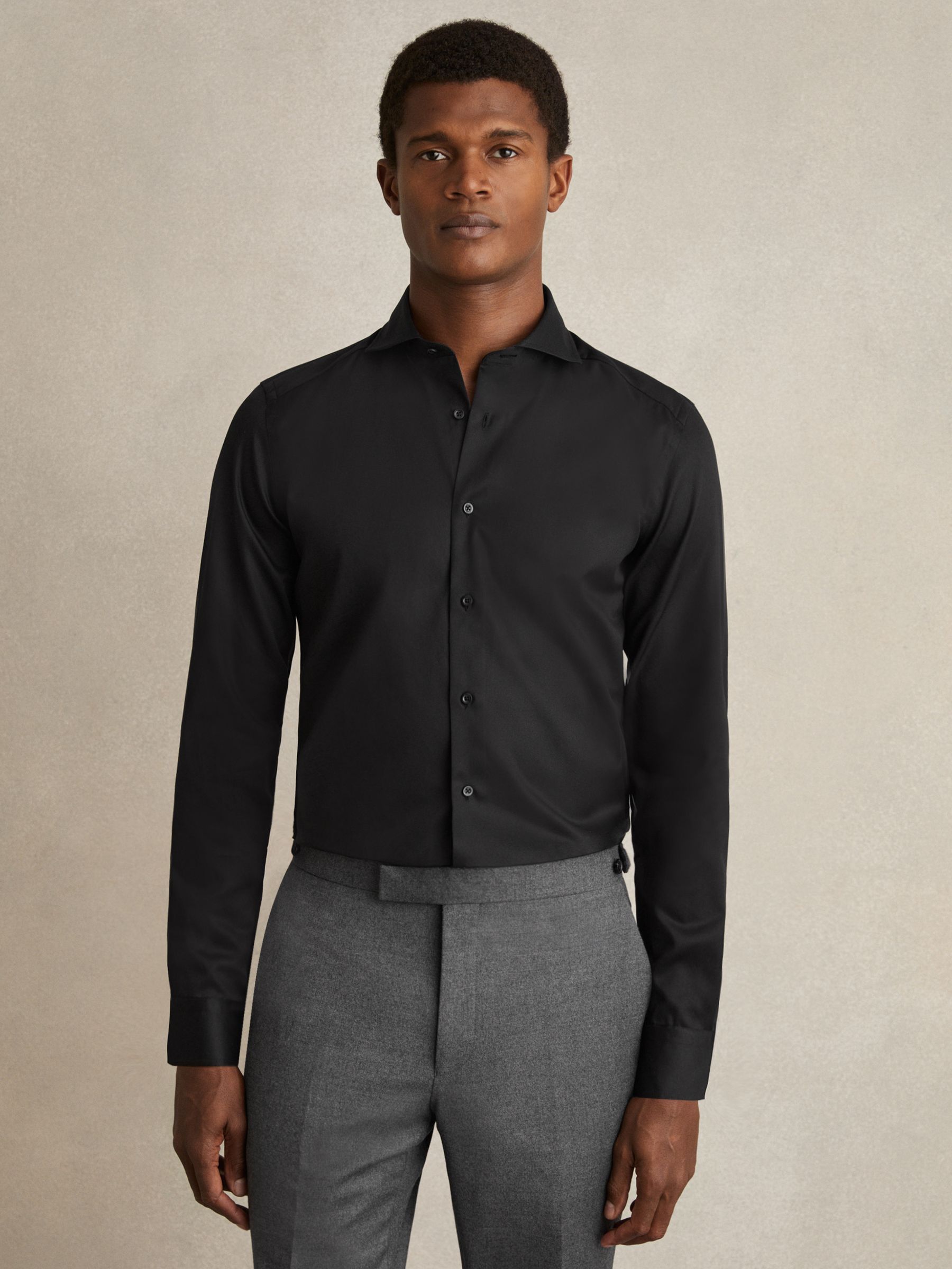 Slim Fit Two-Fold Cotton Shirt in Black - Image 2 of 9