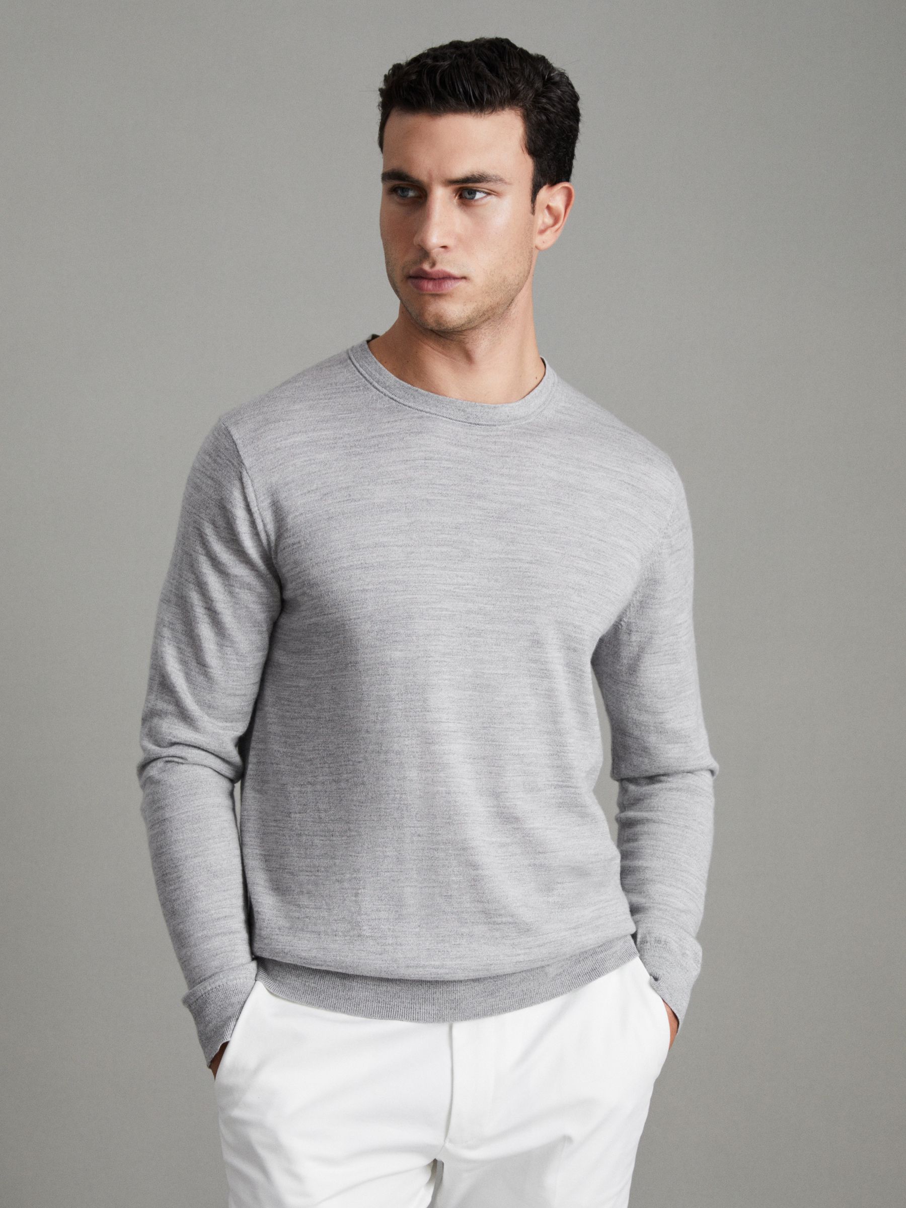 Merino Wool Crew Neck Jumper in Soft Grey Mouline - Image 1 of 6