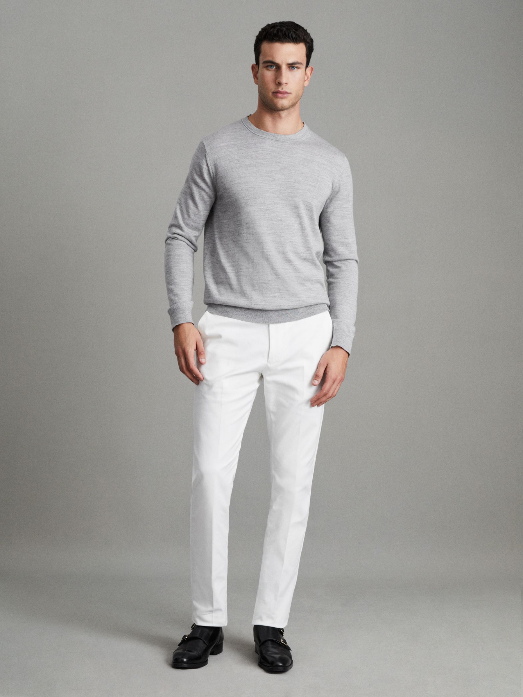 Merino Wool Crew Neck Jumper in Soft Grey Mouline - Image 3 of 6