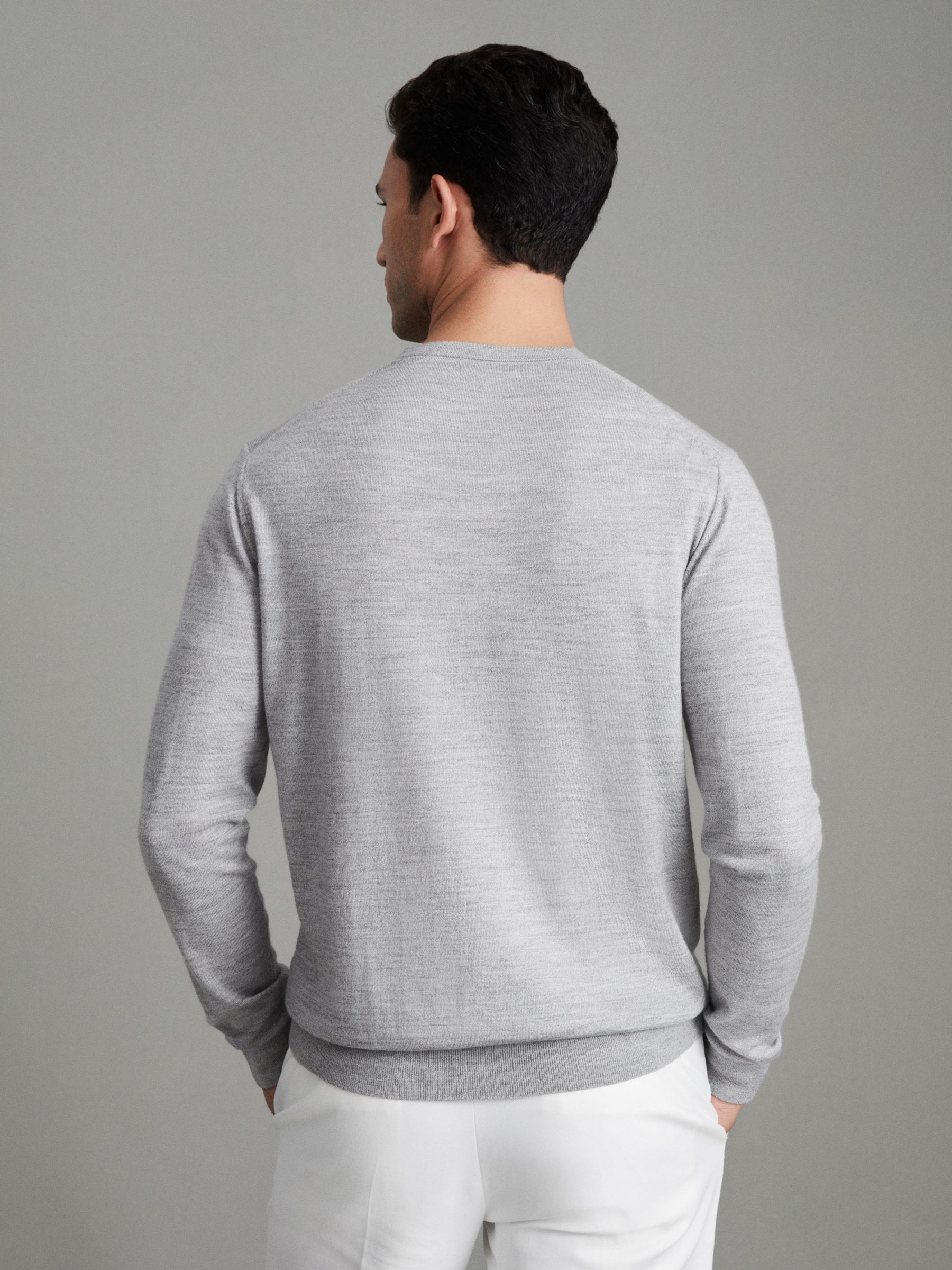 Merino Wool Crew Neck Jumper in Soft Grey Mouline - Image 4 of 6