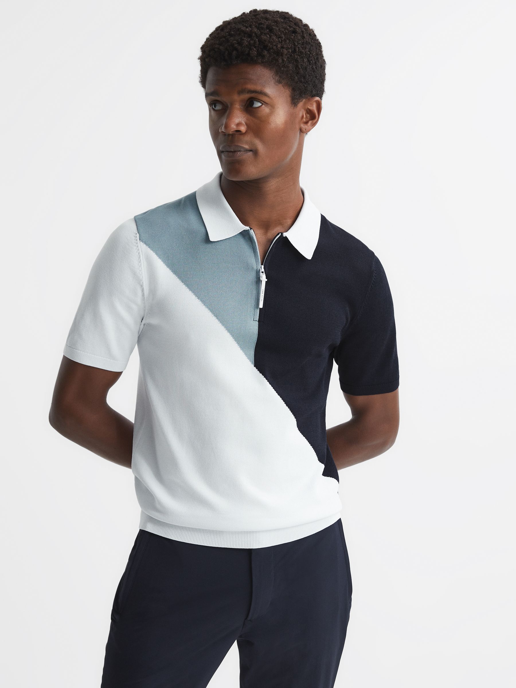 Golf Colourblock Half Zip Polo T-Shirt in Navy/White - Image 1 of 6 Golf Colourblock Half Zip Polo T-Shirt in Navy/White - Image 1 of 6