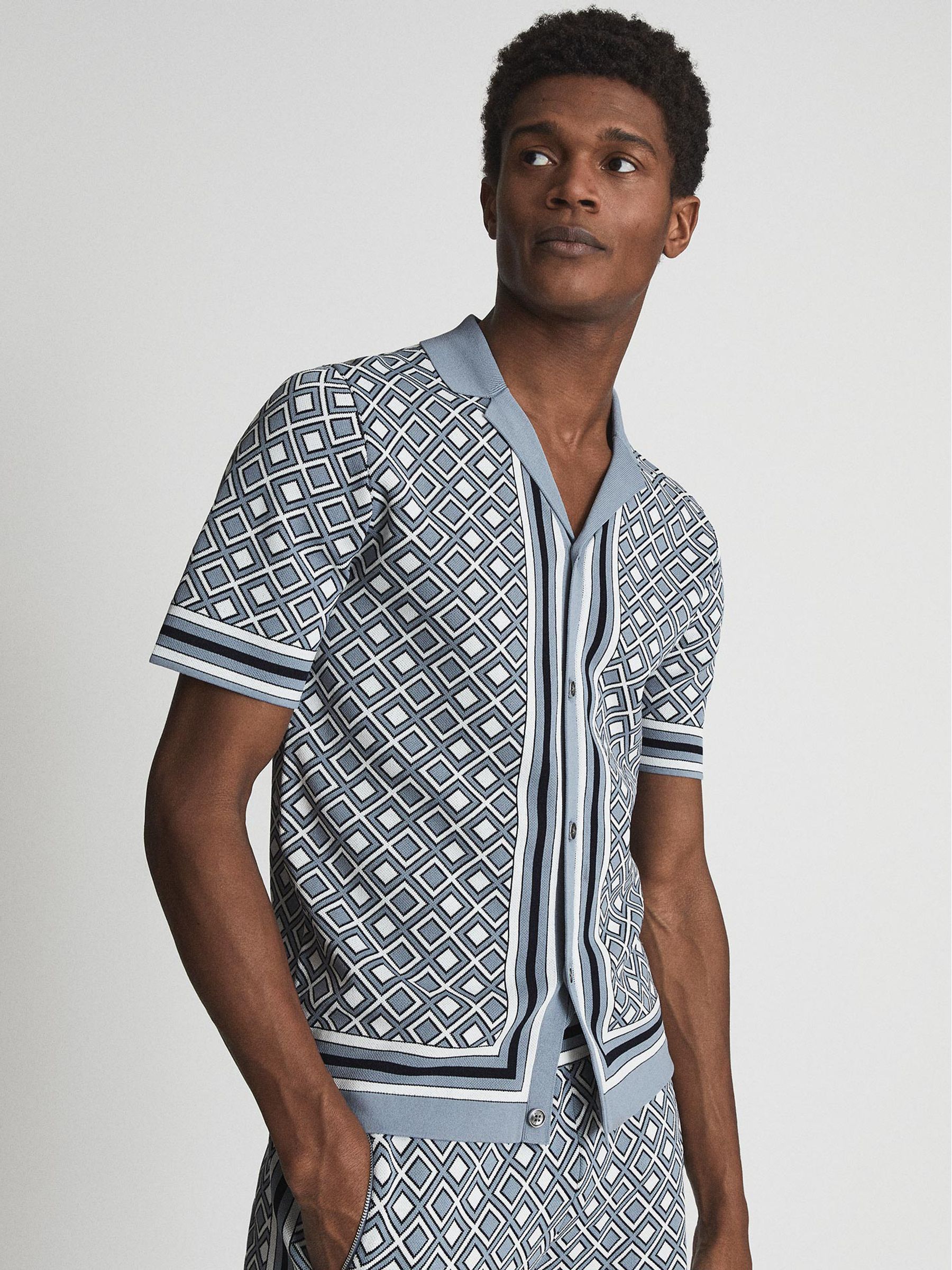 Cuban Collar Geometric Shirt in Blue - Image 4 of 6
