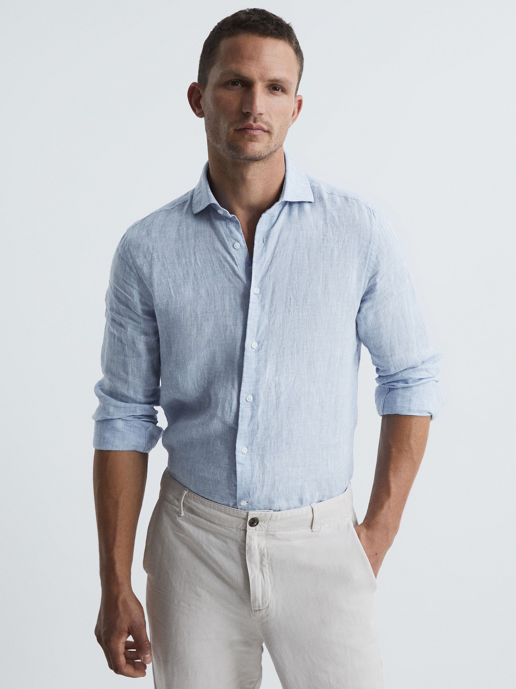 Linen Long Sleeve Shirt in Light Blue - Image 1 of 7