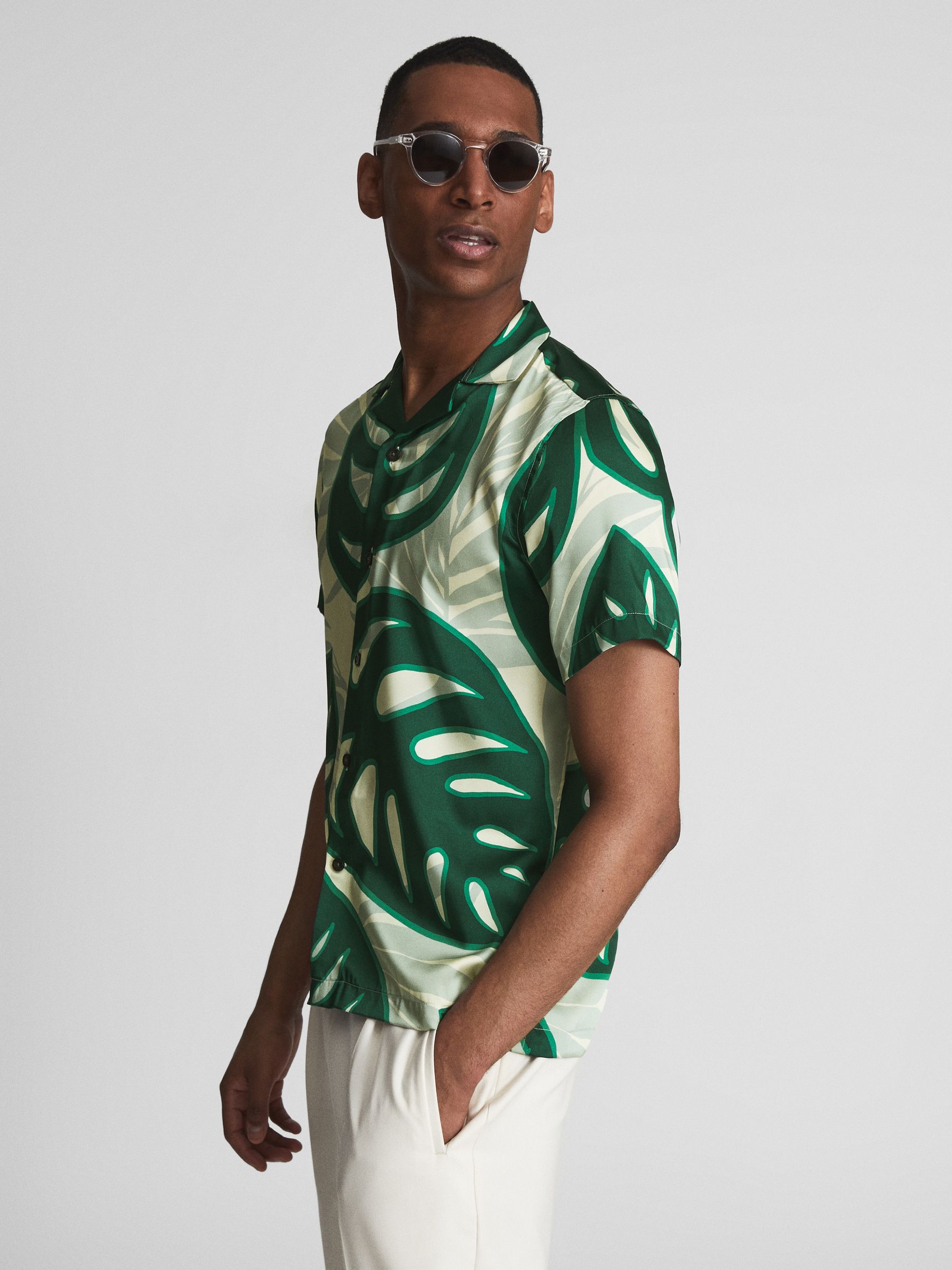 Cuban Collar Monster Leaf Print Shirt in Green - Image 1 of 5