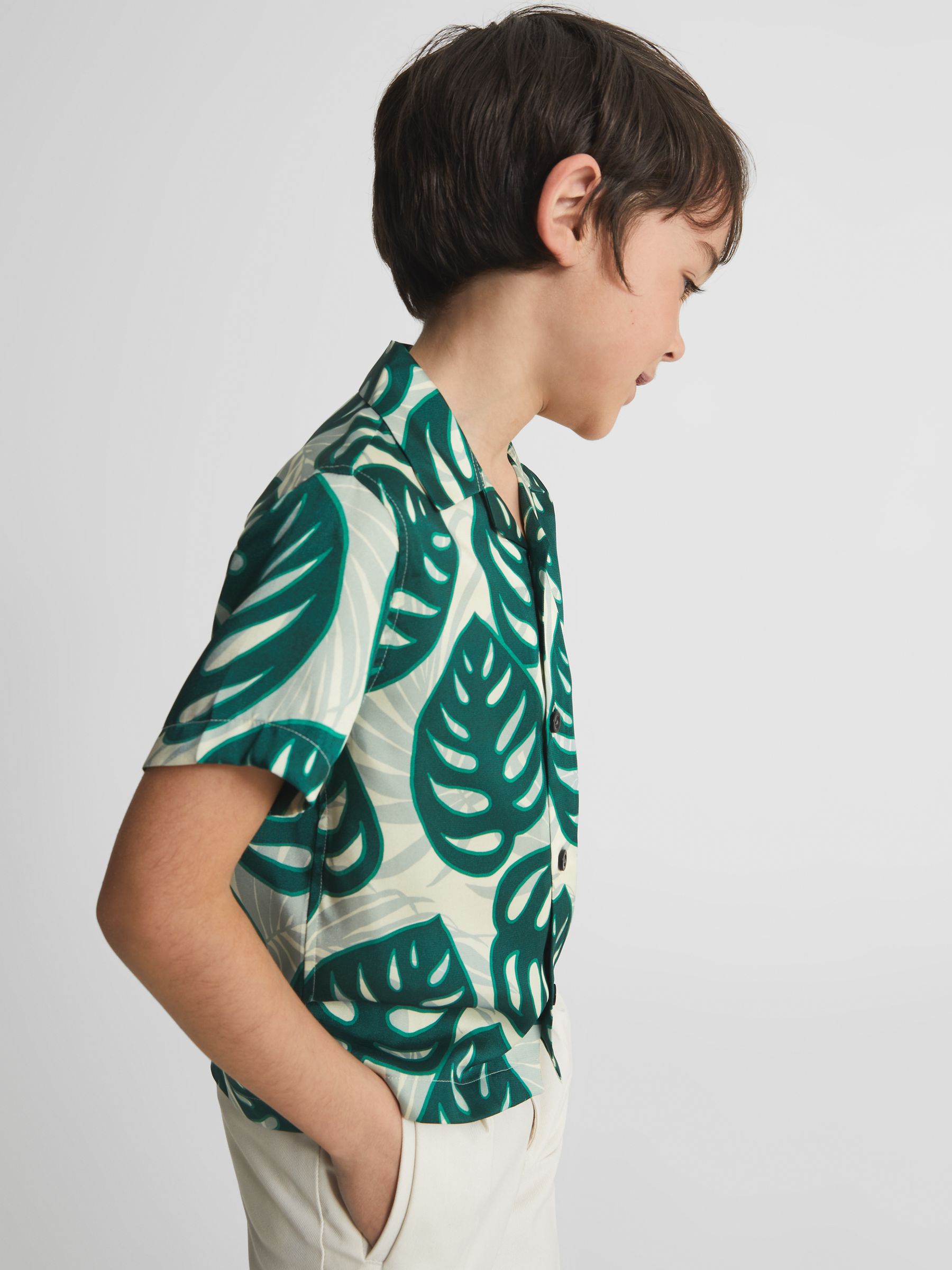 Cuban Collar Monster Leaf Print Shirt in Green - Image 1 of 5