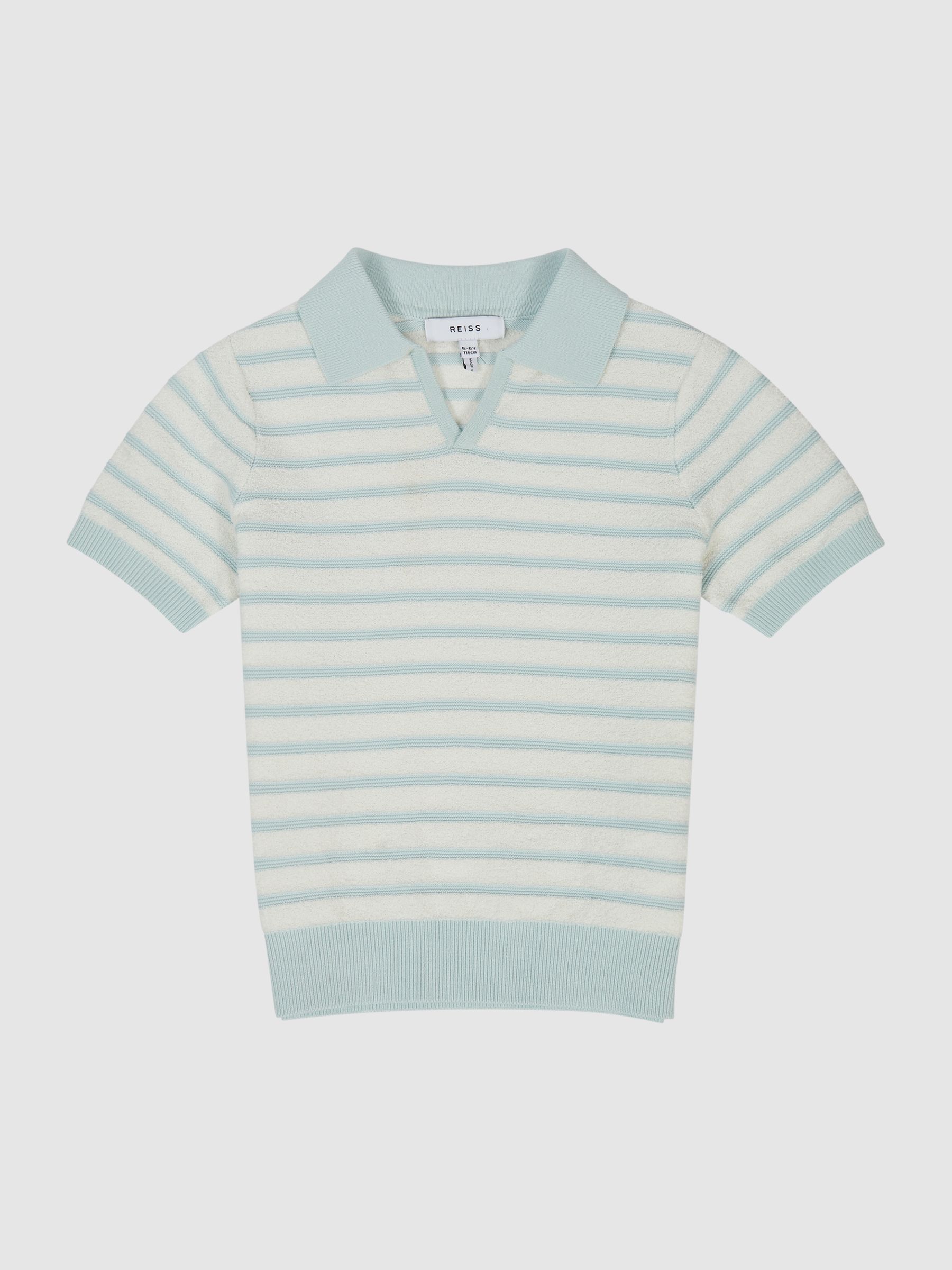 Open Collar Stripe Polo T-Shirt in White/Mint - Image 2 of 7 Open Collar Stripe Polo T-Shirt in White/Mint - Image 2 of 7