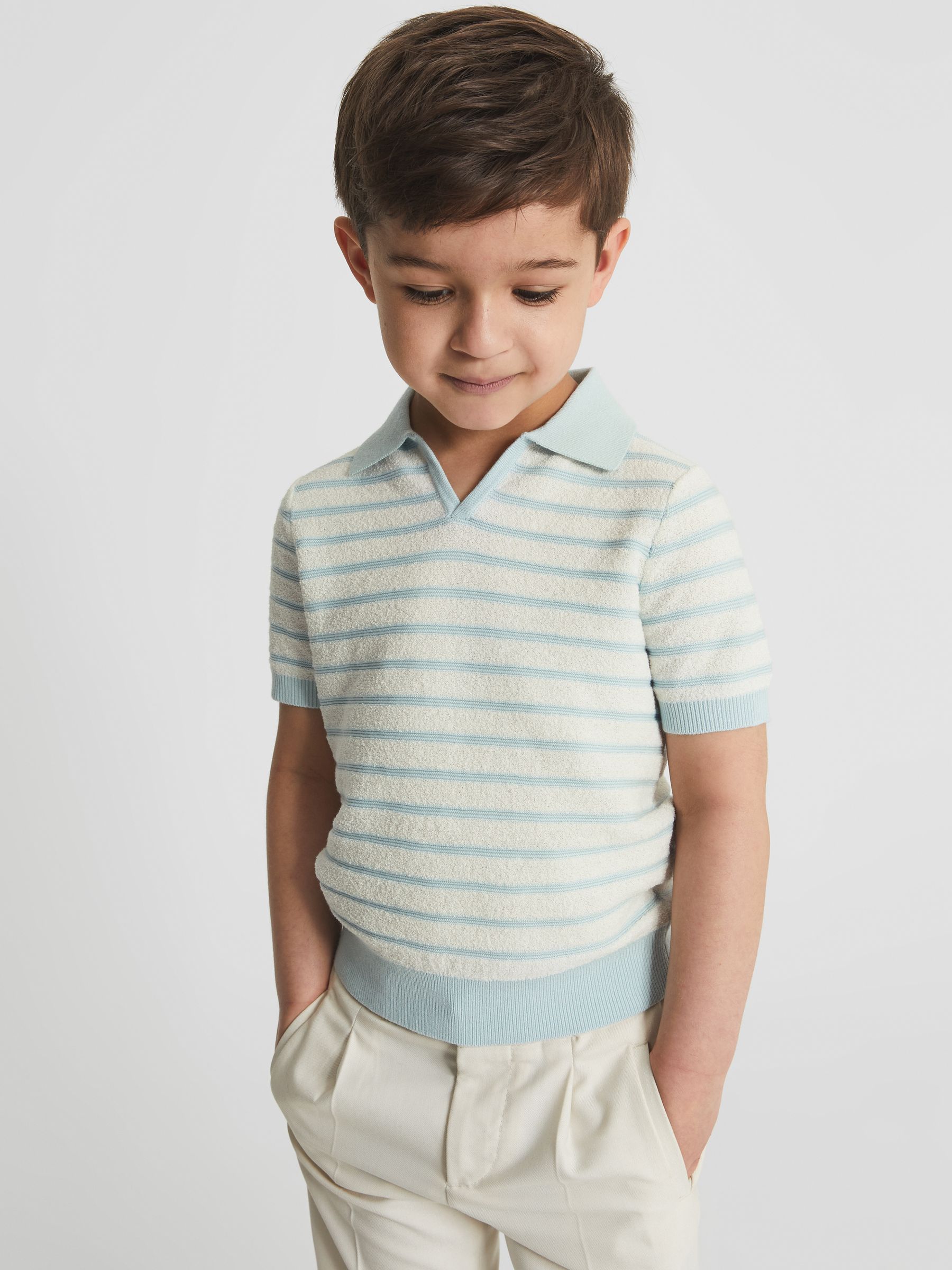 Open Collar Stripe Polo T-Shirt in White/Mint - Image 3 of 7
