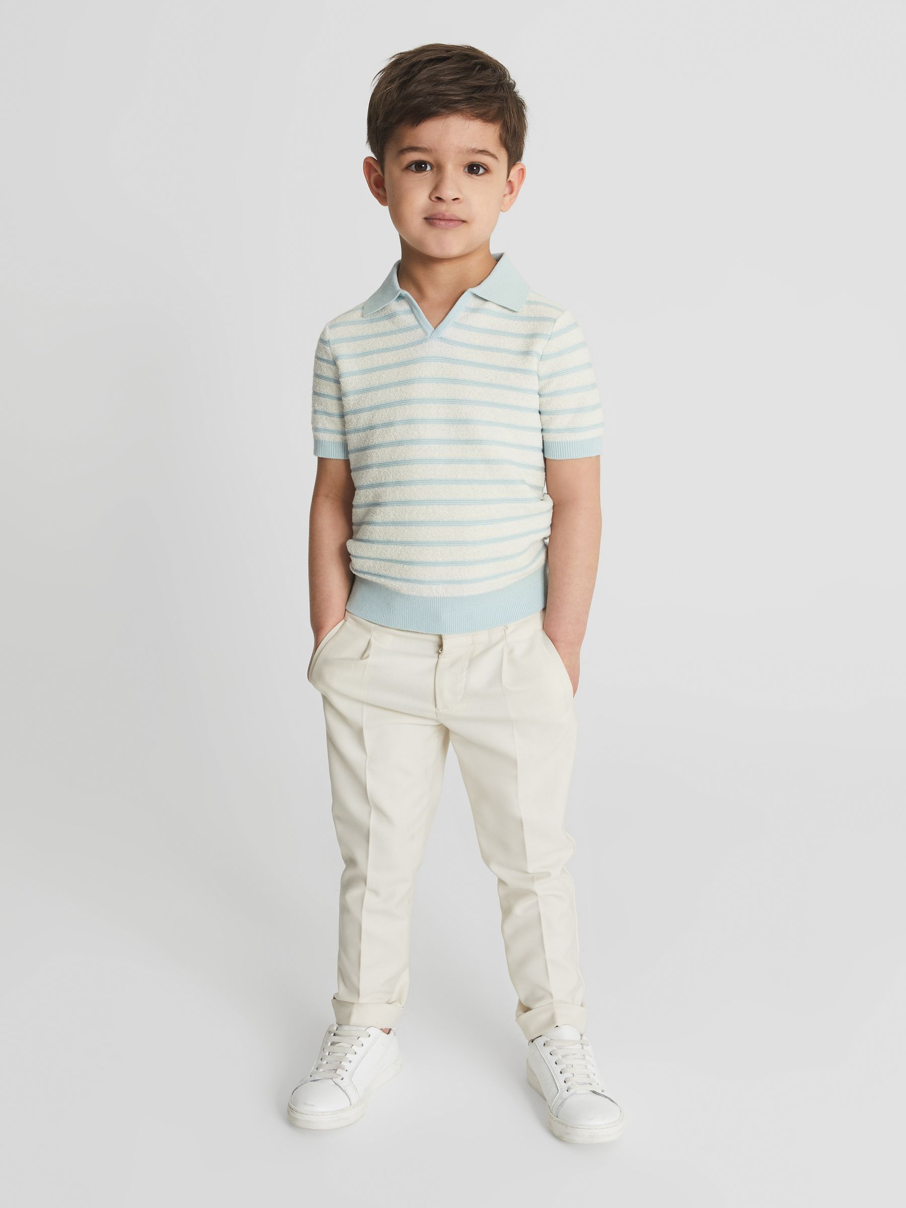 Open Collar Stripe Polo T-Shirt in White/Mint - Image 4 of 7