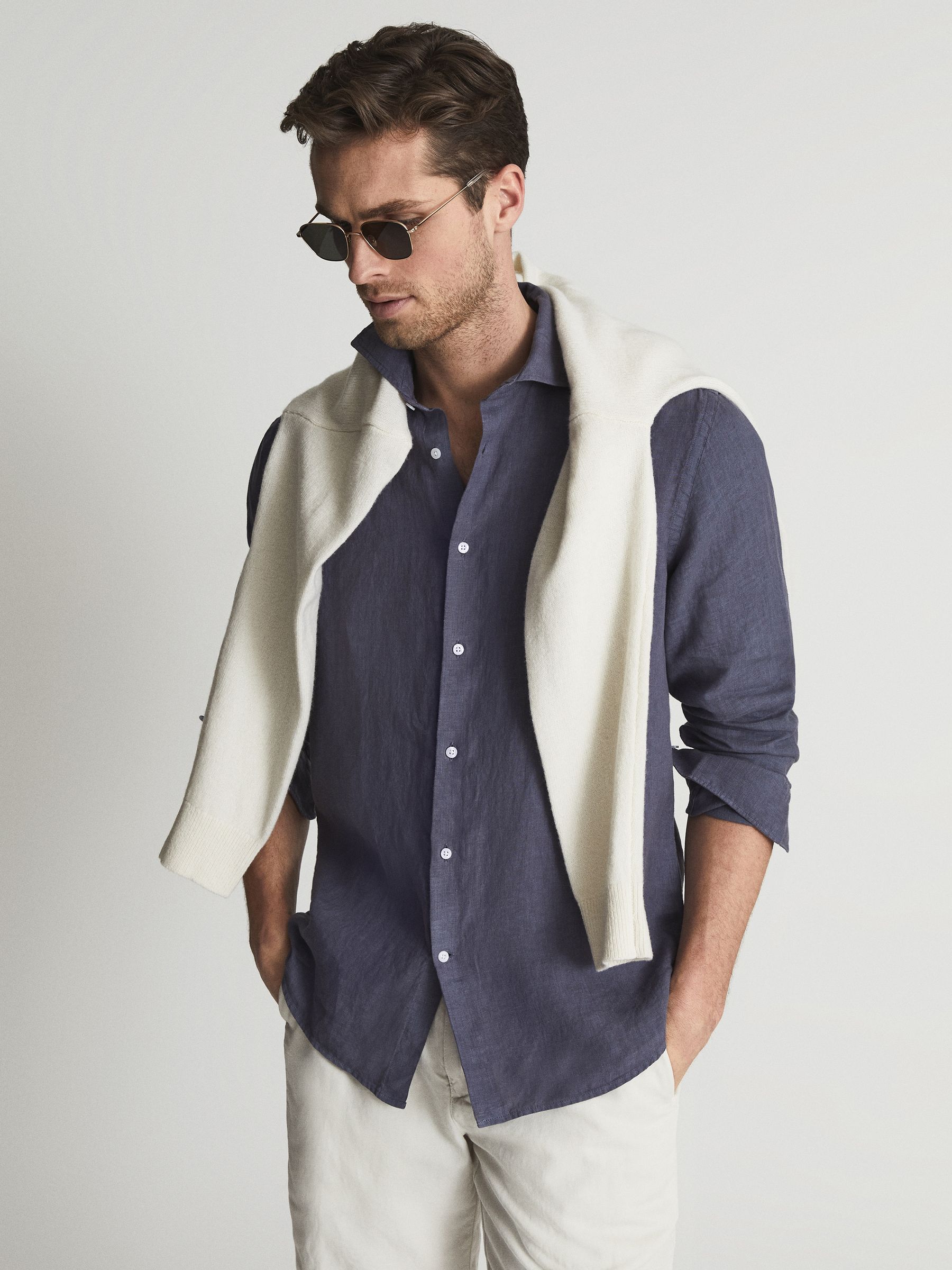 Linen Button-Through Shirt in Steel Blue - Image 3 of 6