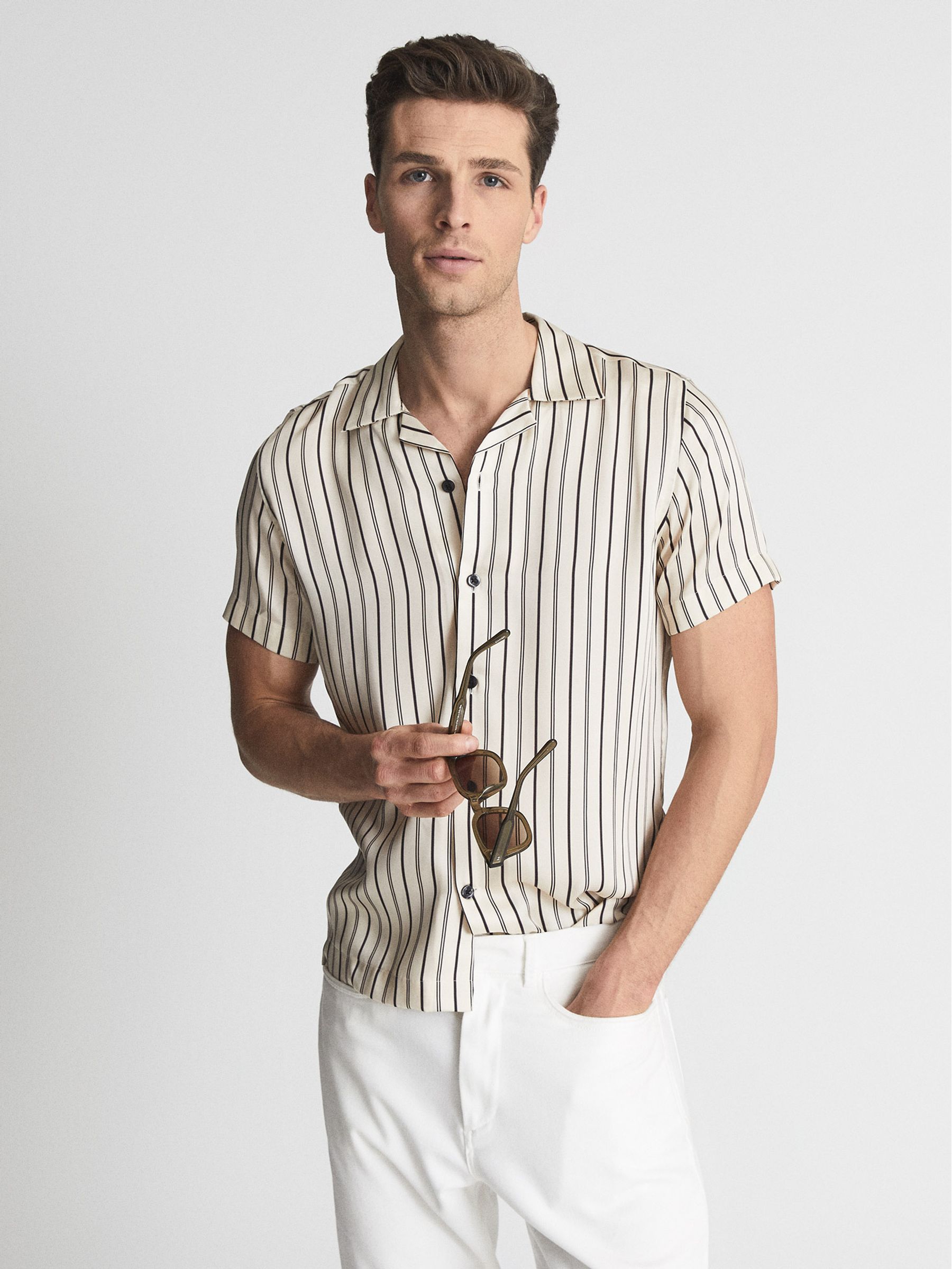 Cuban Collar Striped Shirt in Black/Ivory - Image 1 of 5