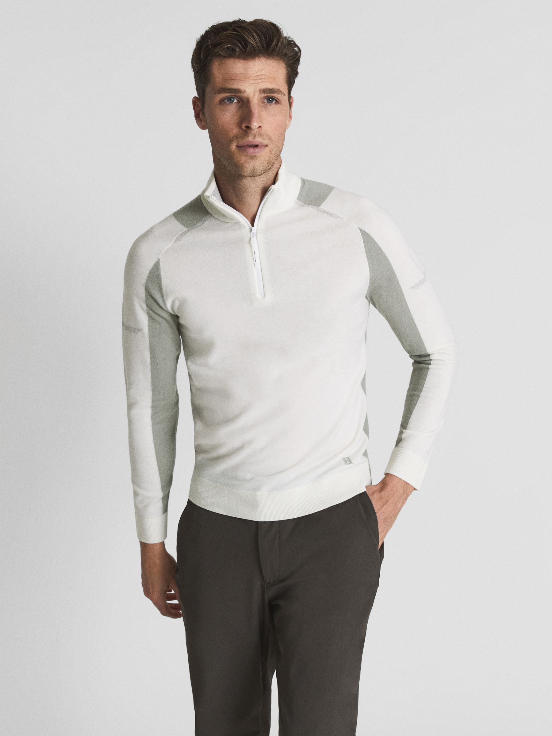 Colourblock Merino Stretch Half Zip in Ecru/Sage - Image 3 of 7