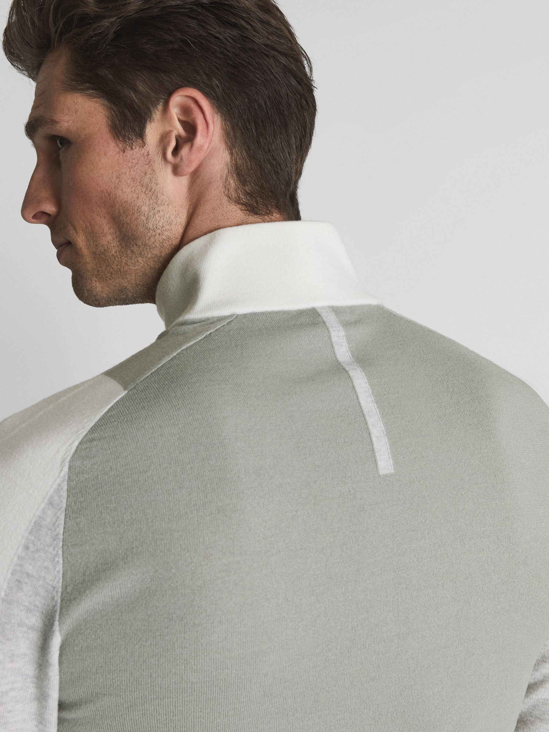 Colourblock Merino Stretch Half Zip in Ecru/Sage - Image 7 of 7