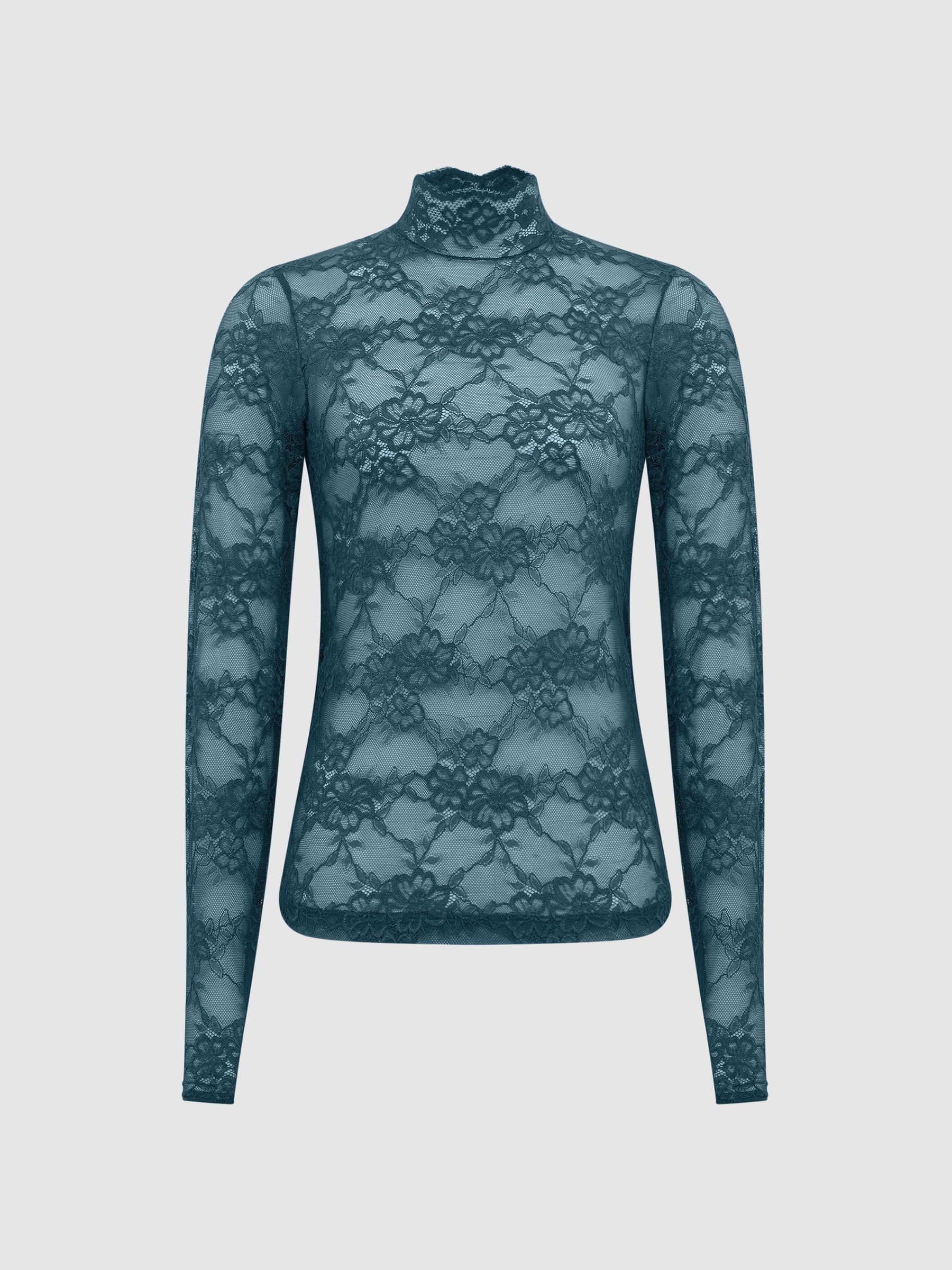 Lace High Neck Top in Green - Image 2 of 6