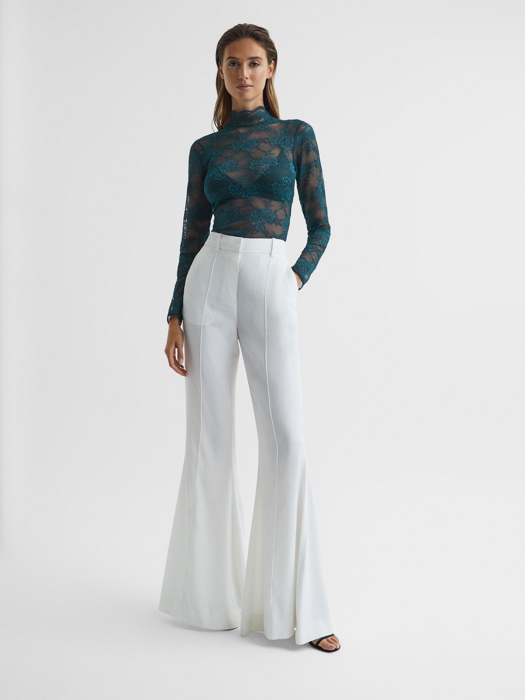 Lace High Neck Top in Green - Image 3 of 6