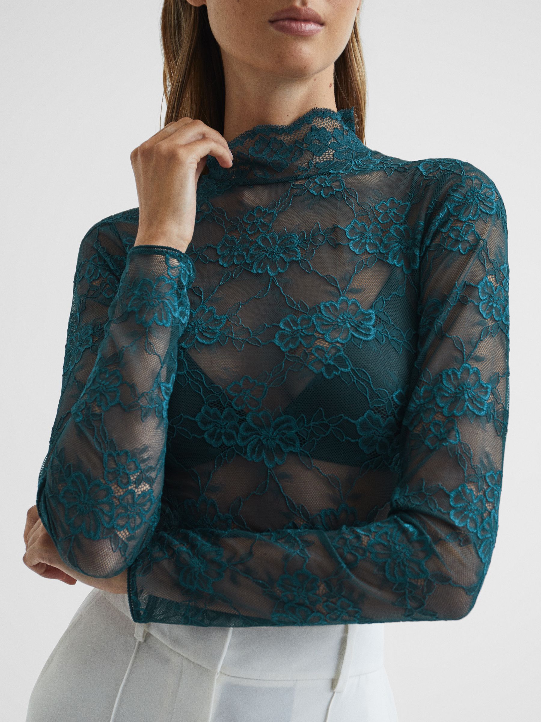 Lace High Neck Top in Green - Image 6 of 6