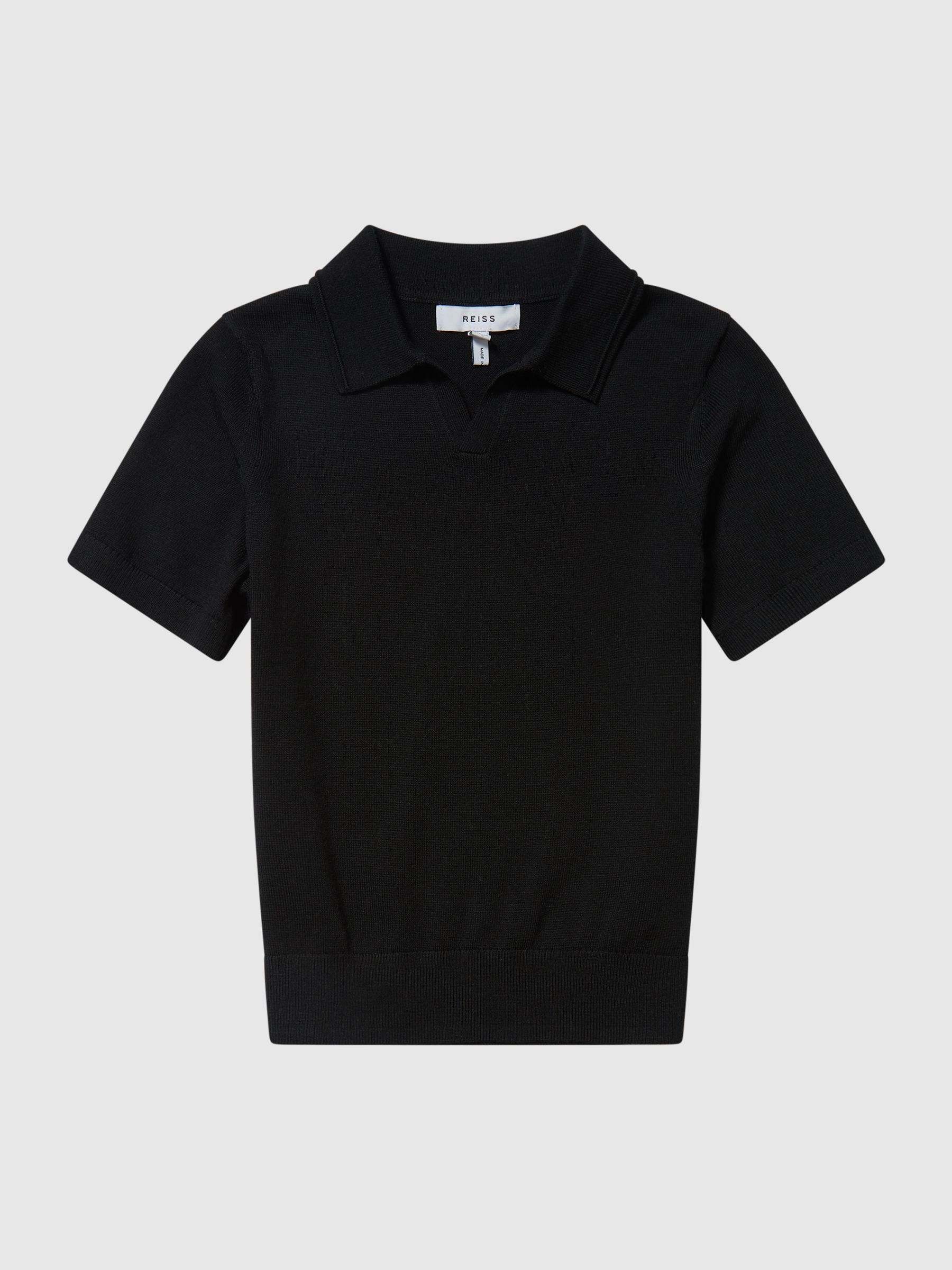 Merino Wool Open Collar Polo Shirt in Black - Image 2 of 6