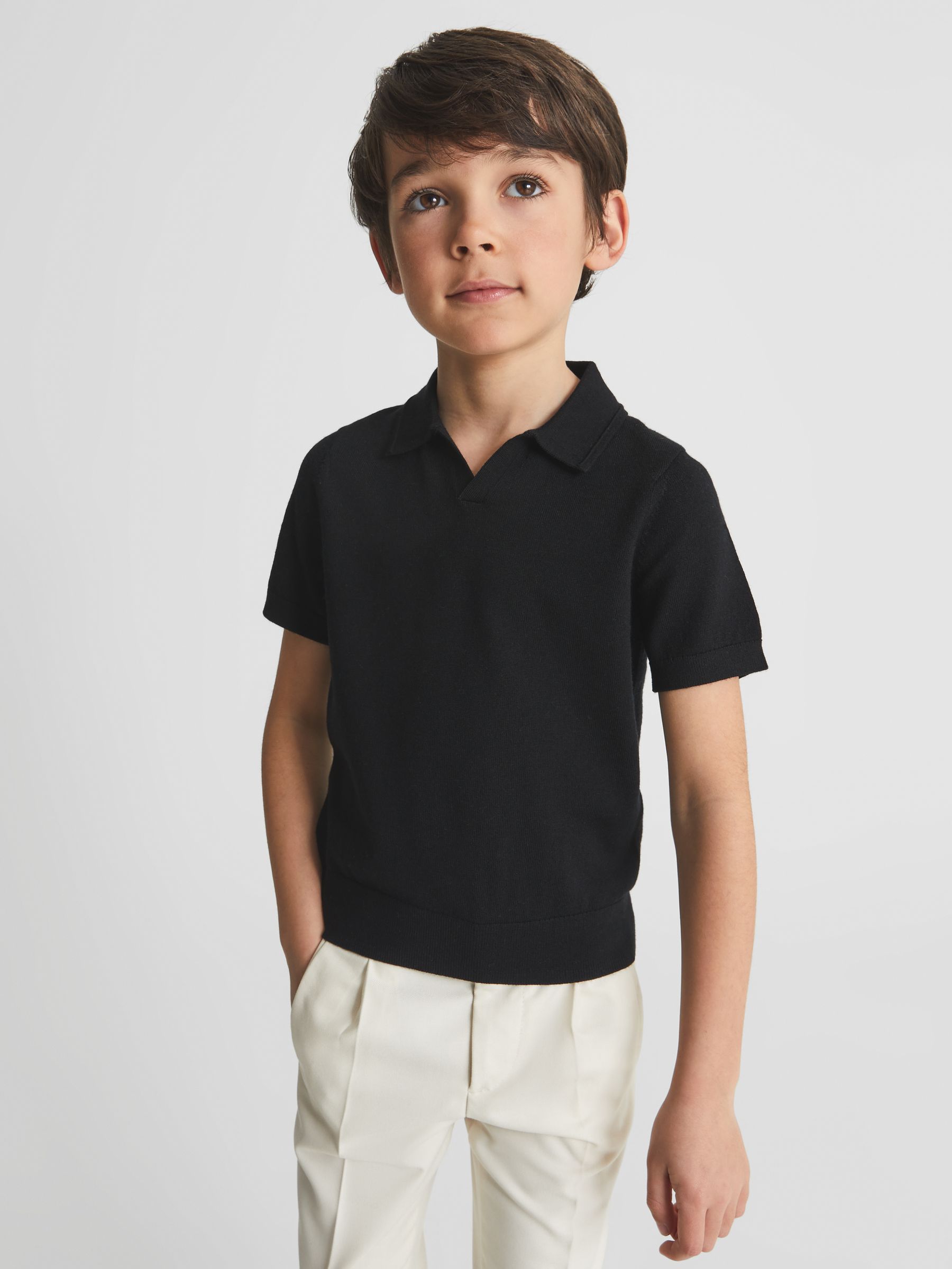 Merino Wool Open Collar Polo Shirt in Black - Image 3 of 6