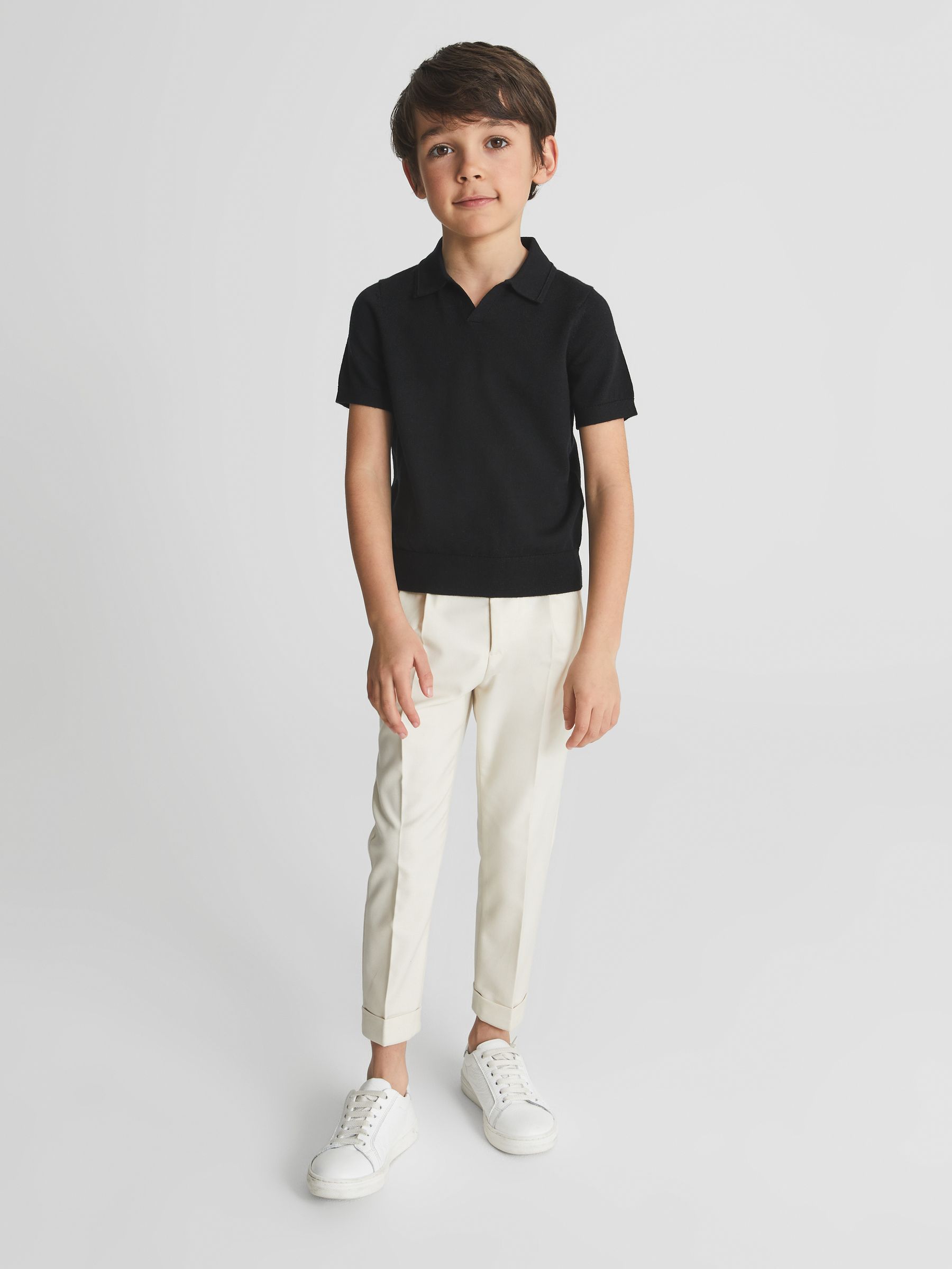 Merino Wool Open Collar Polo Shirt in Black - Image 4 of 6