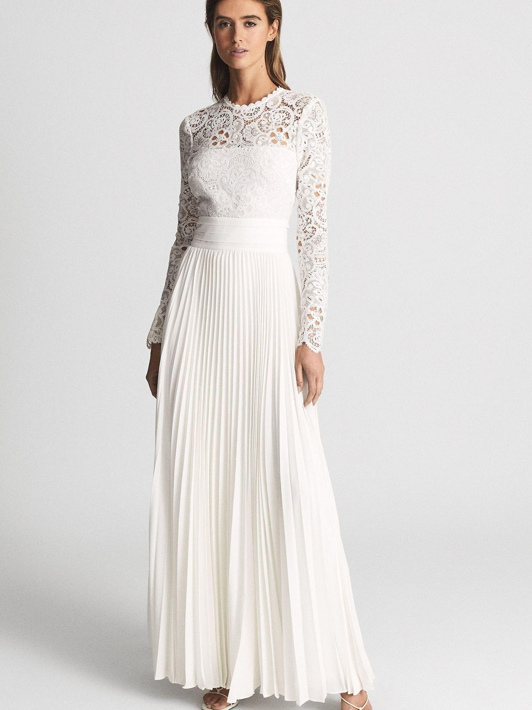 Lace Top Pleated Dress in White - Image 1 of 7