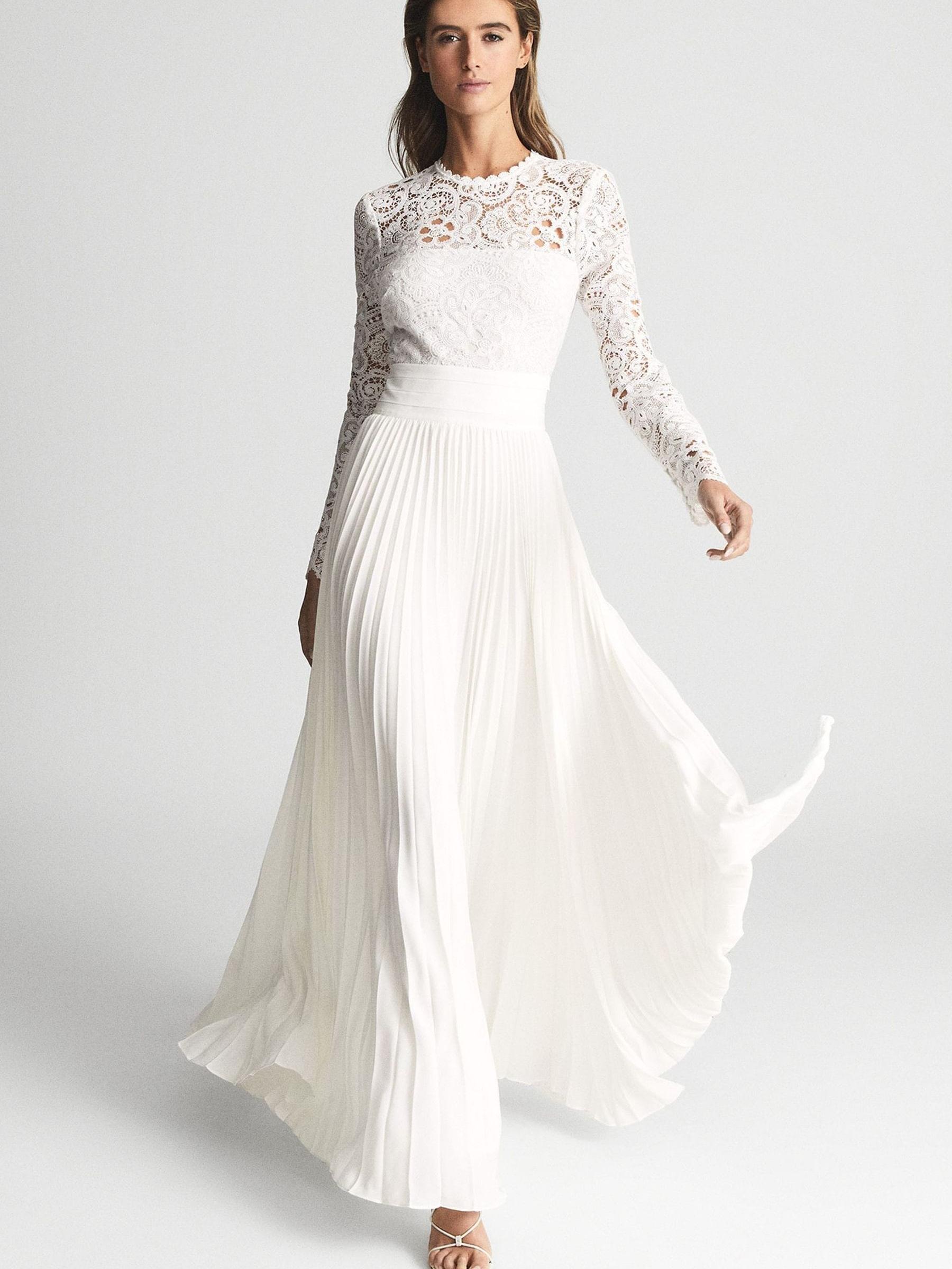 Reiss Lace Top Pleated Dress in White - REISS