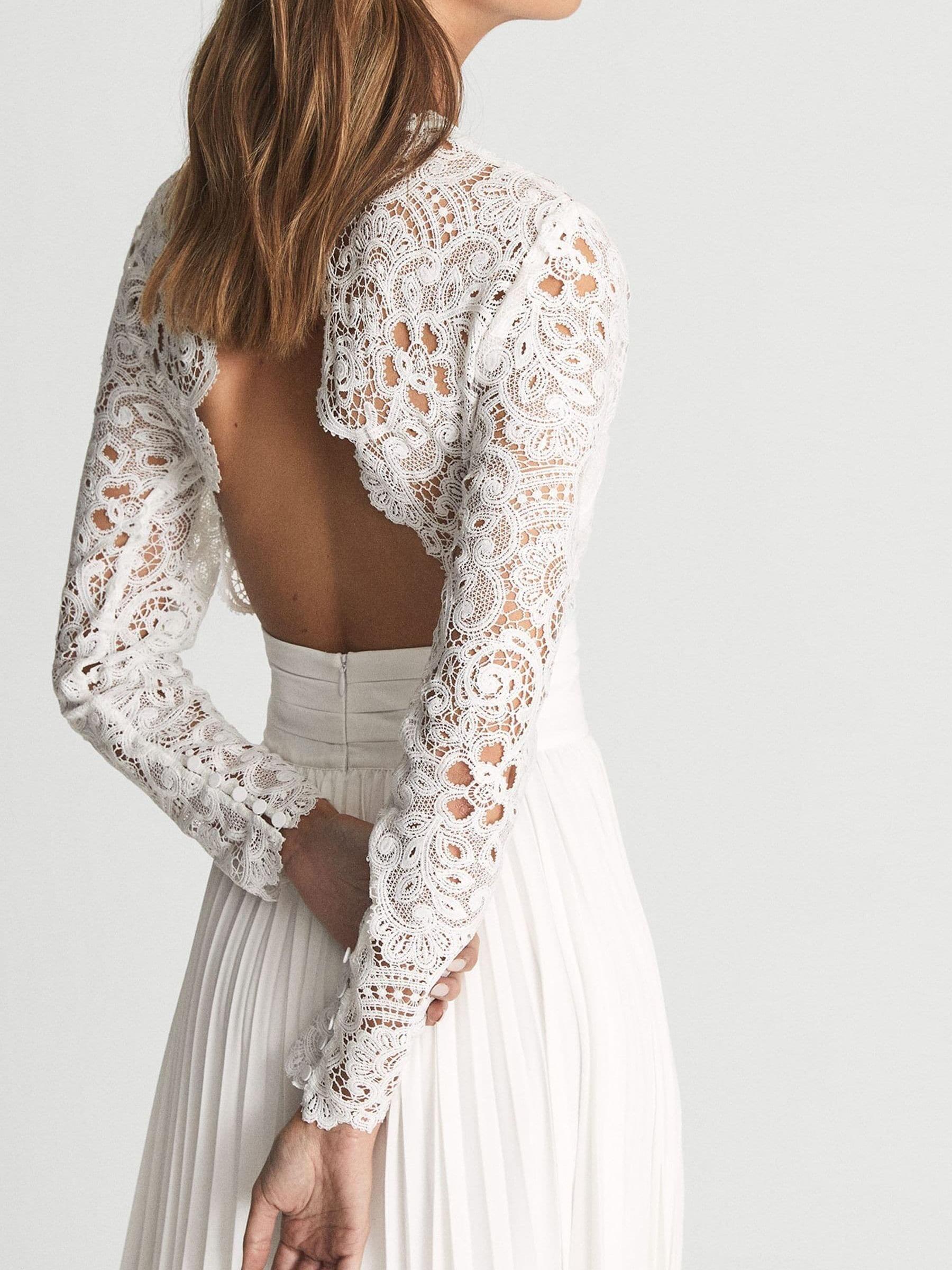 Lace Top Pleated Dress in White - Image 4 of 7