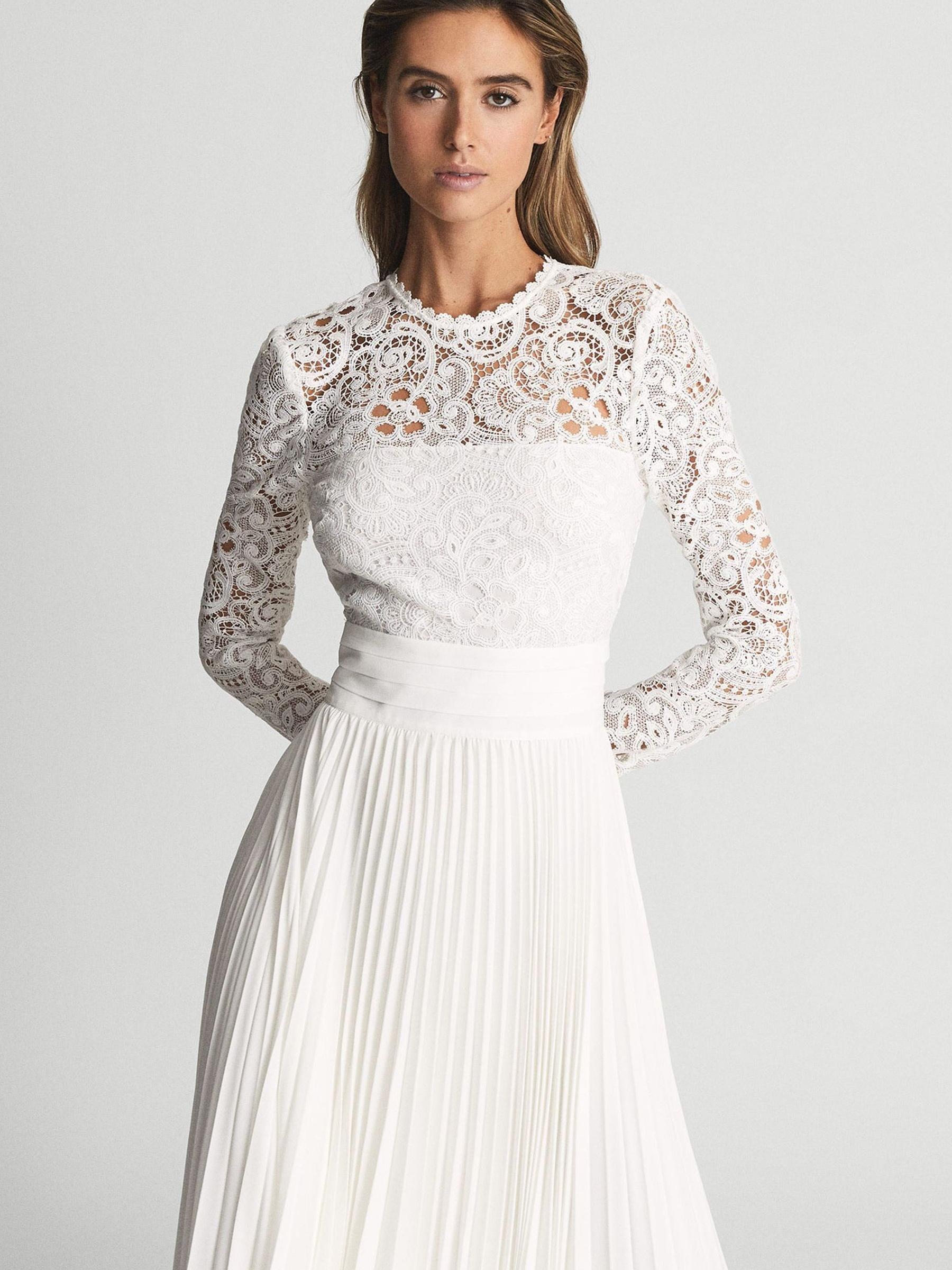 Reiss Lace Top Pleated Dress in White | REISS