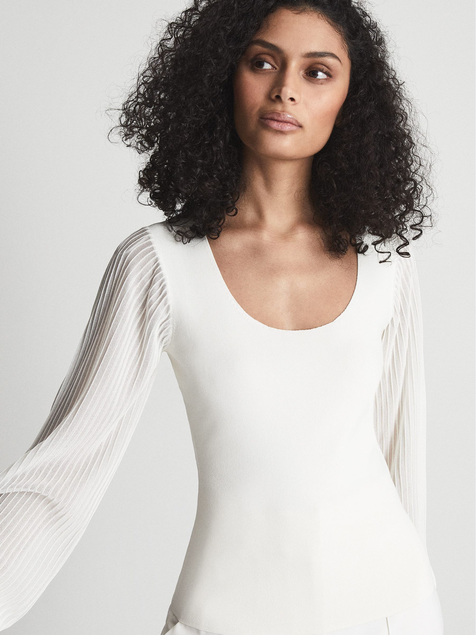 Scoop Neck Sheer Sleeve Top in White - Image 1 of 5