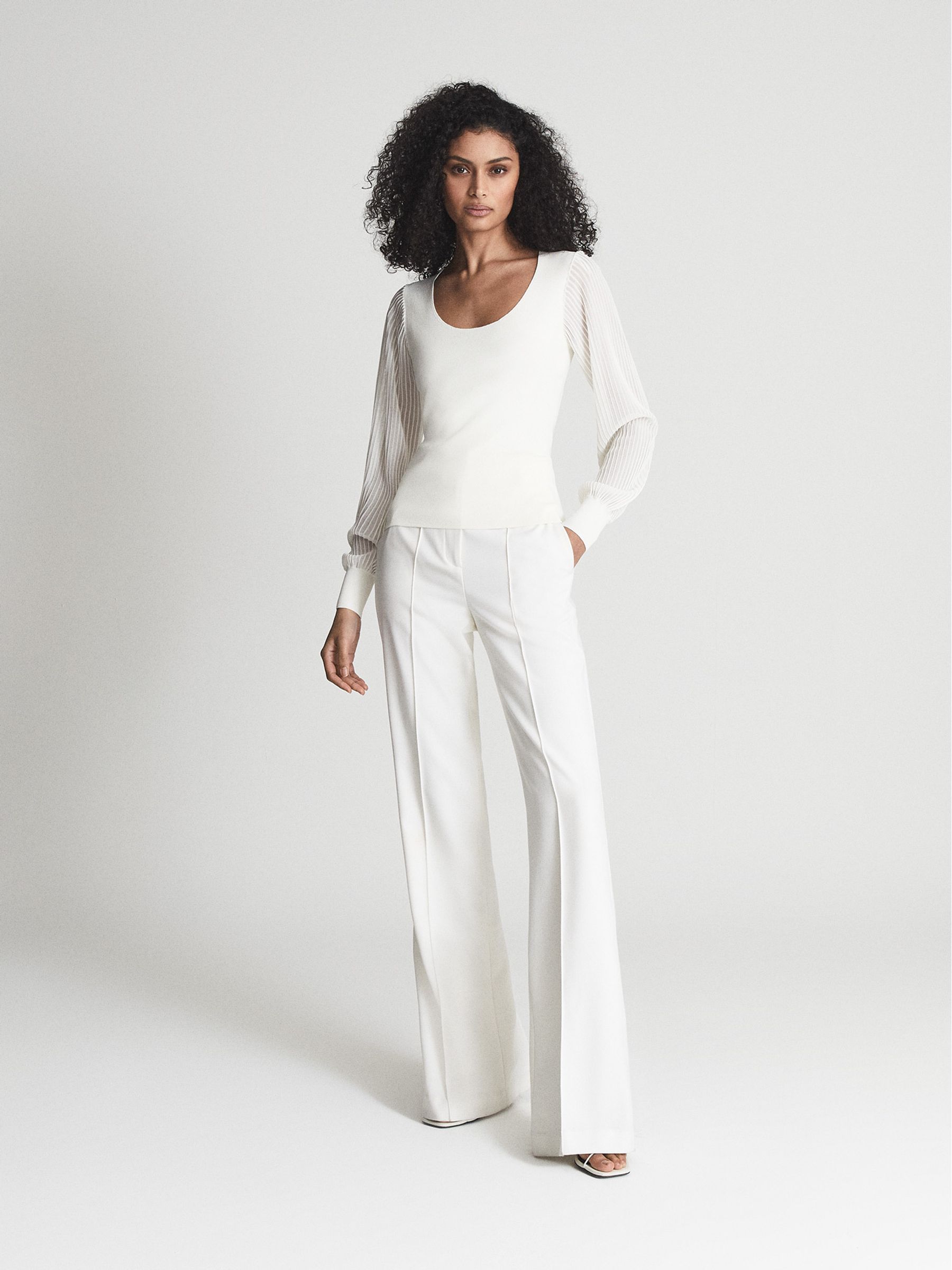 Scoop Neck Sheer Sleeve Top in White - Image 3 of 5