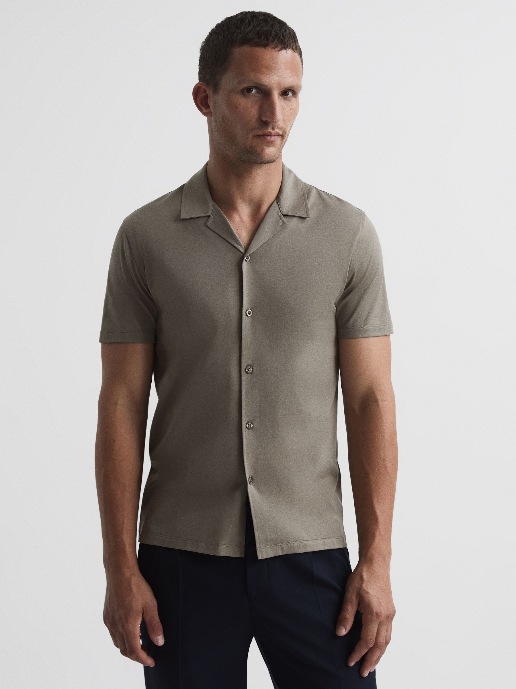 Mercerised Jersey Cuban Collar Shirt in Taupe - Image 1 of 6