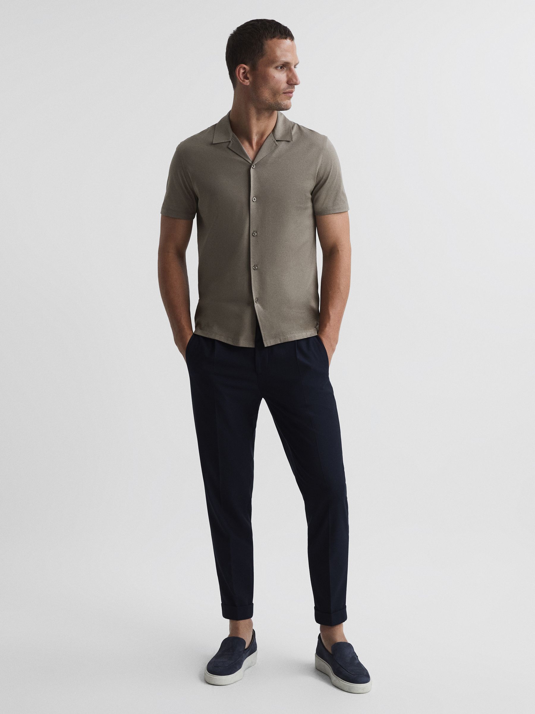 Mercerised Jersey Cuban Collar Shirt in Taupe - Image 3 of 6