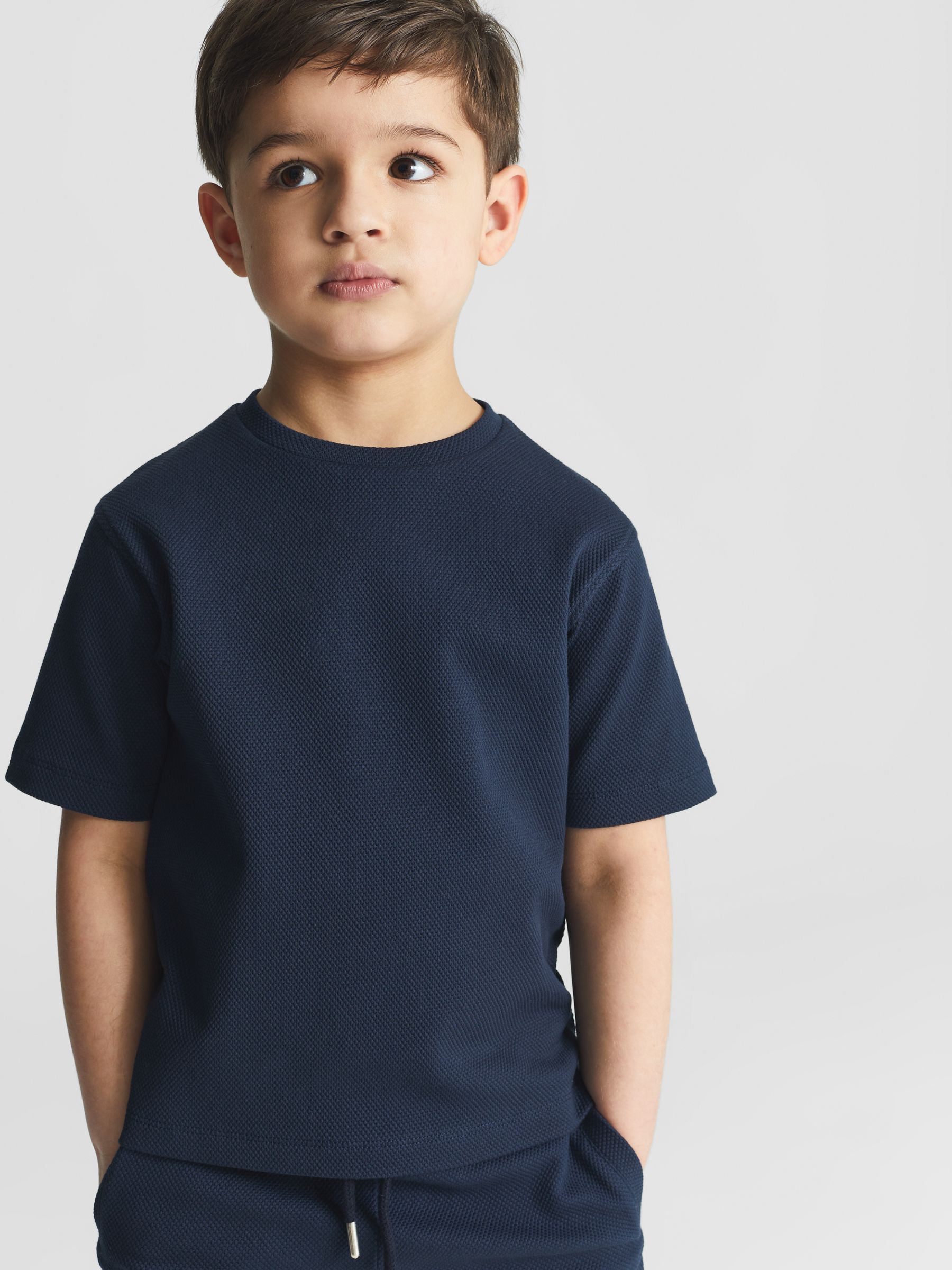 Textured Crew Neck T-Shirt in Navy - Image 1 of 5
