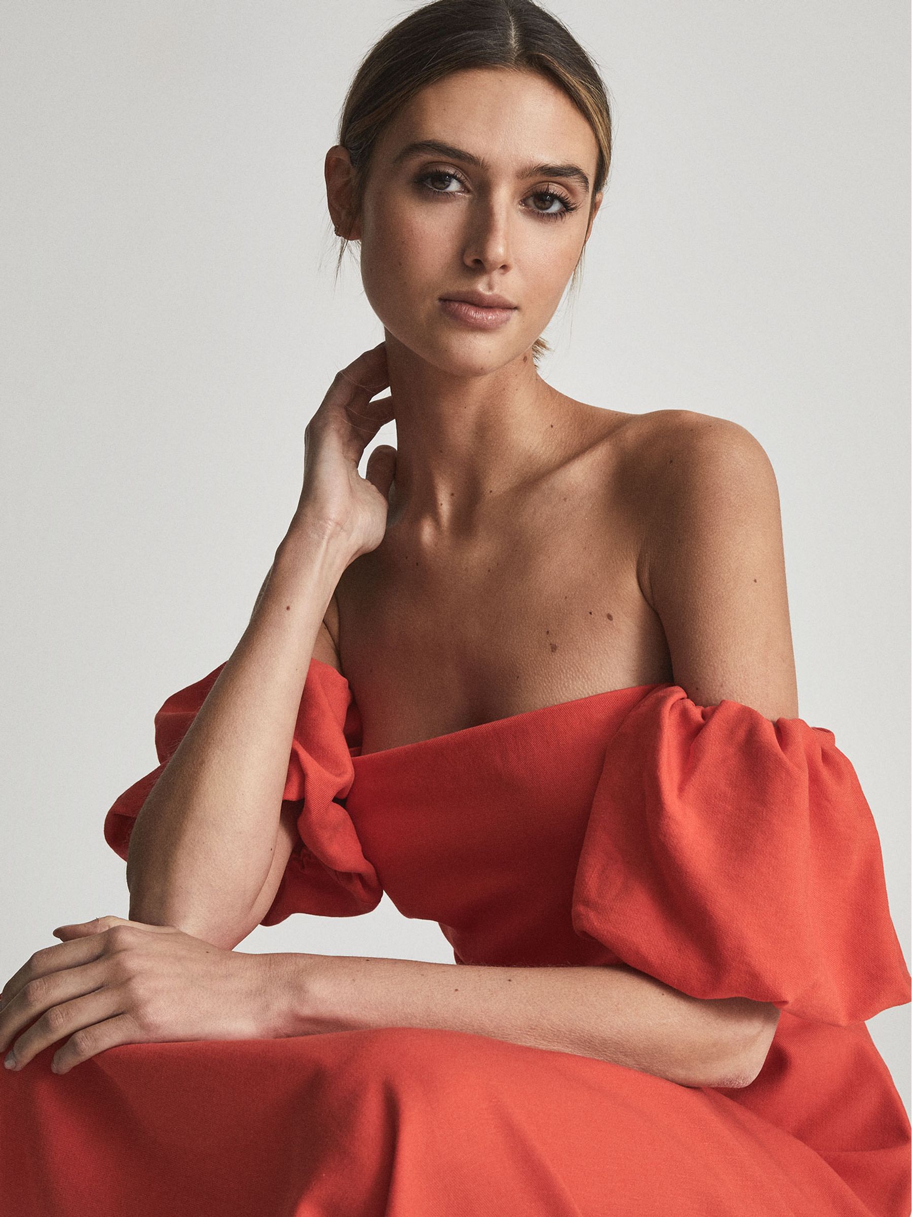 Reiss Puff Sleeve Off-Shoulder Midi Dress in Red | REISS