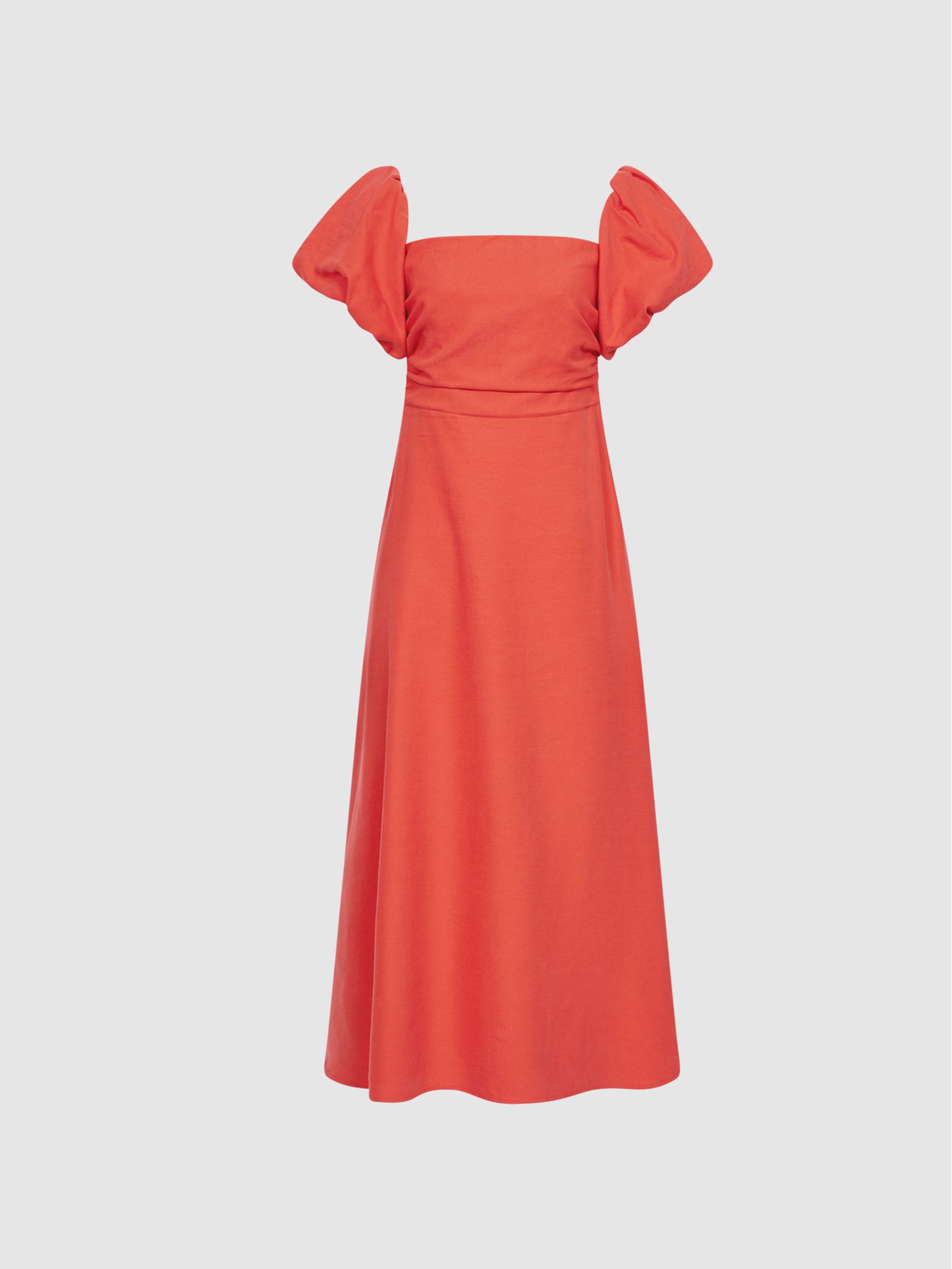 Puff Sleeve Off-Shoulder Midi Dress in Red - Image 2 of 7