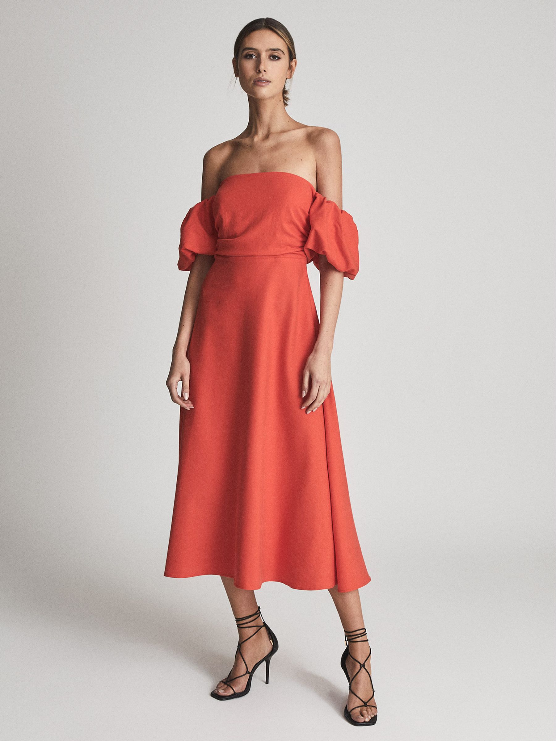 Puff Sleeve Off-Shoulder Midi Dress in Red - Image 3 of 7
