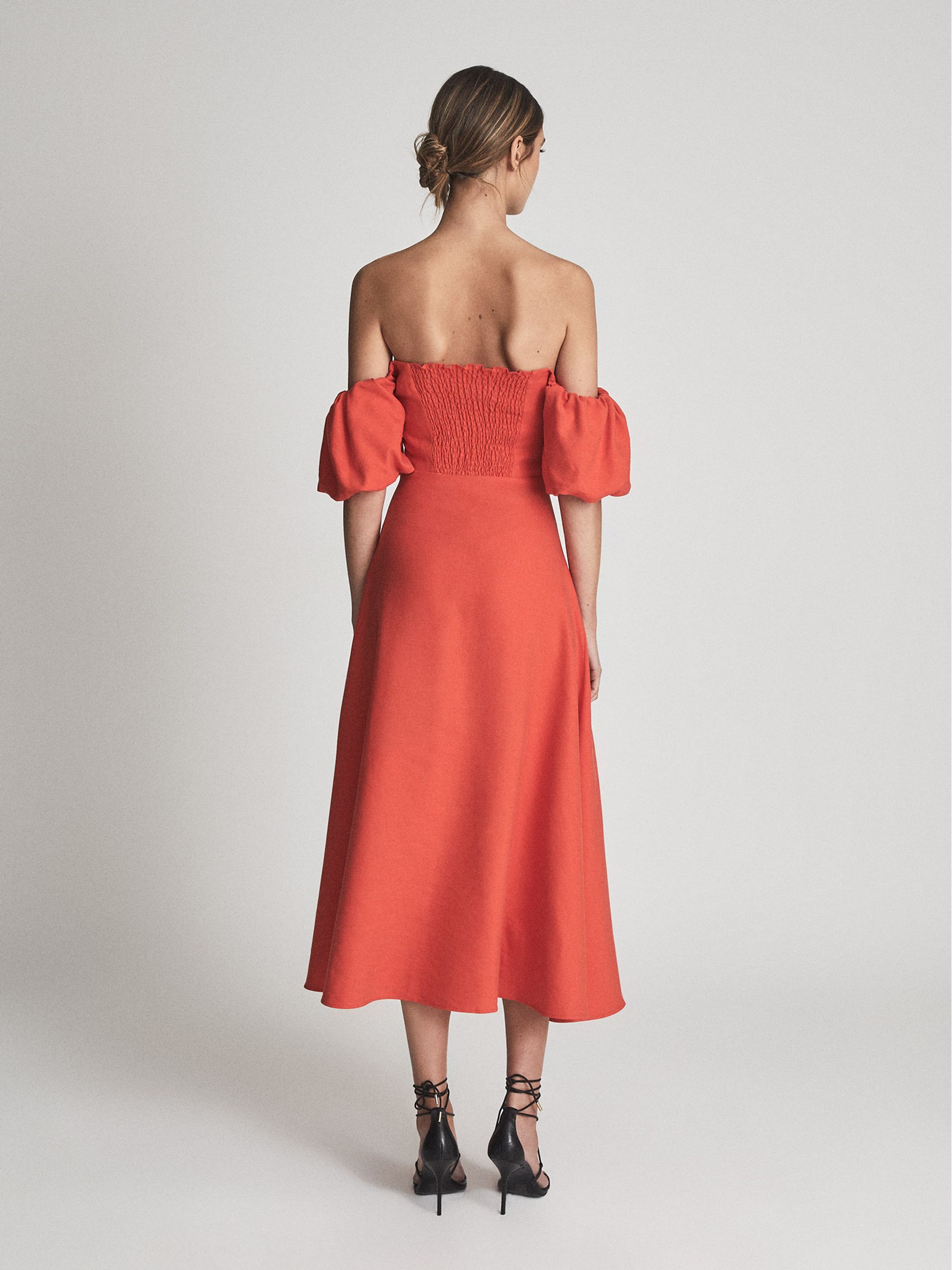 Puff Sleeve Off-Shoulder Midi Dress in Red - Image 5 of 7
