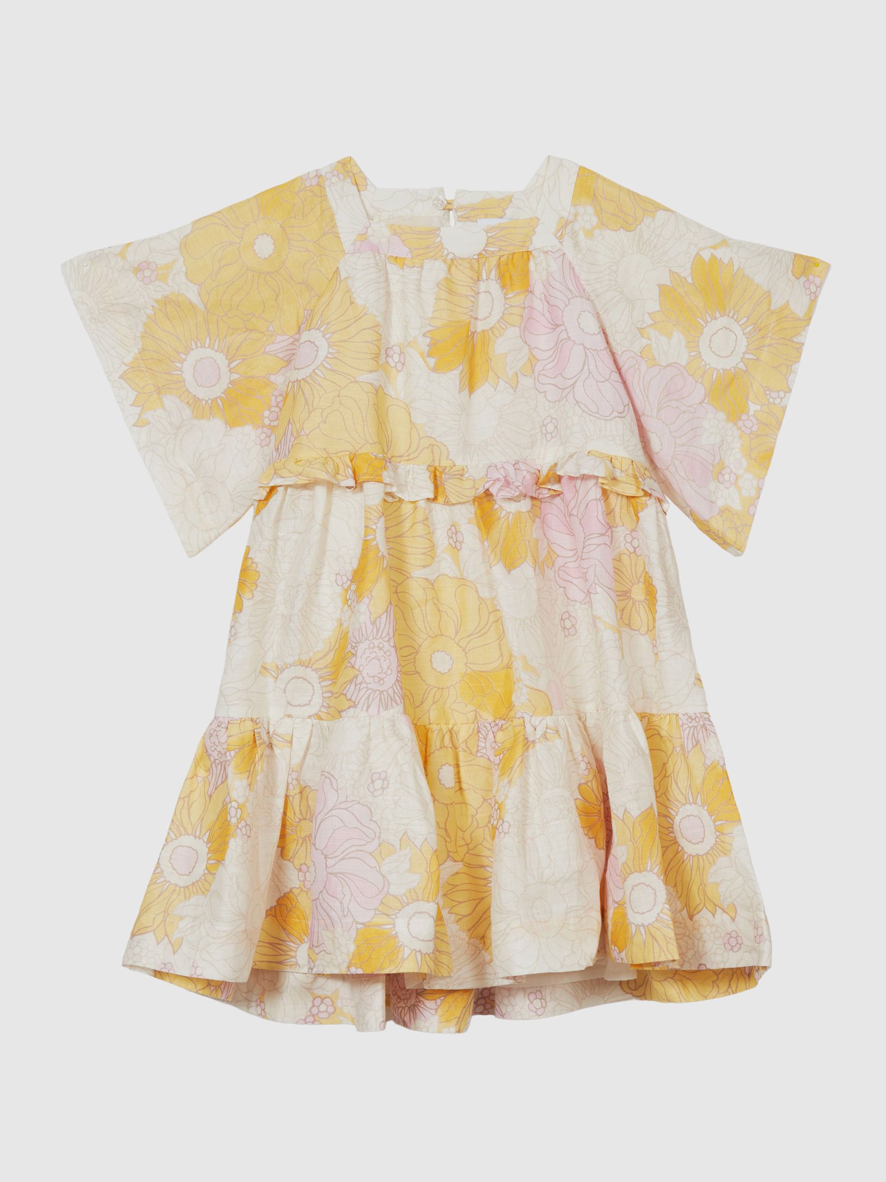 Printed Tiered Linen Mini Dress in Yellow Print - Image 2 of 6