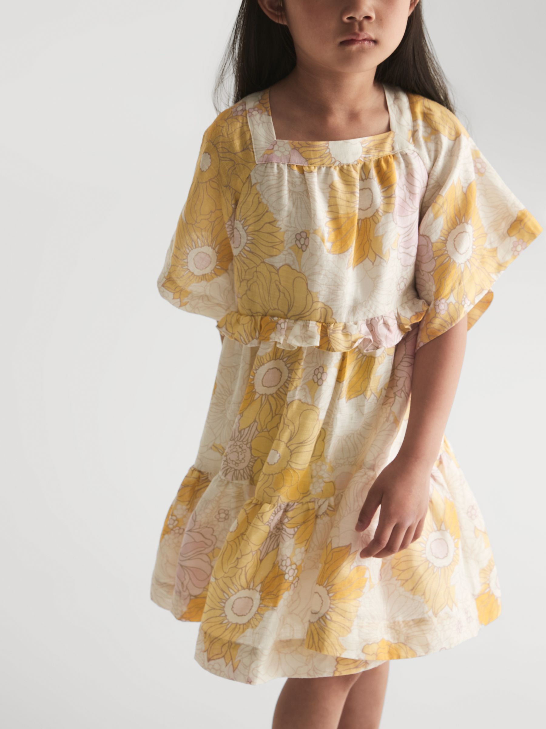 Printed Tiered Linen Mini Dress in Yellow Print - Image 3 of 6