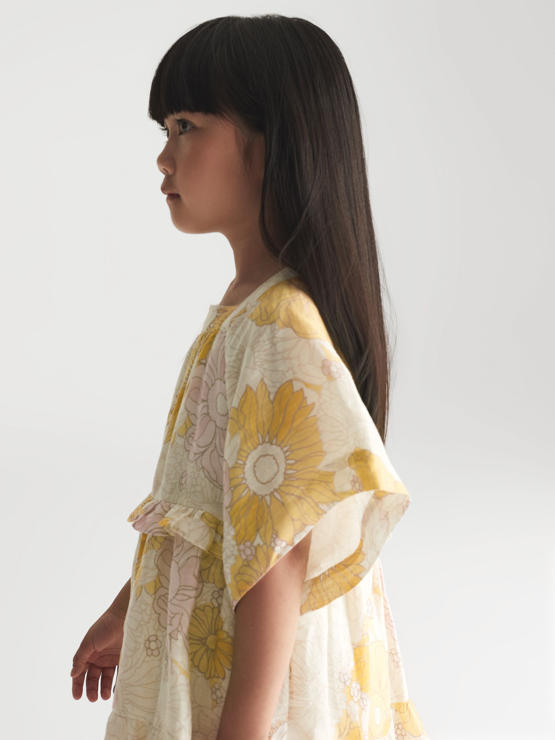 Printed Tiered Linen Mini Dress in Yellow Print - Image 4 of 6