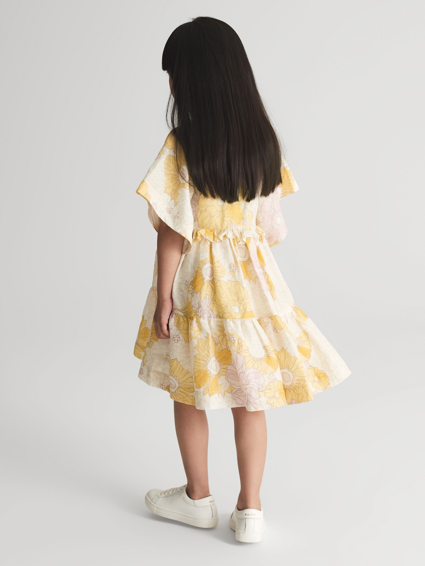 Printed Tiered Linen Mini Dress in Yellow Print - Image 5 of 6