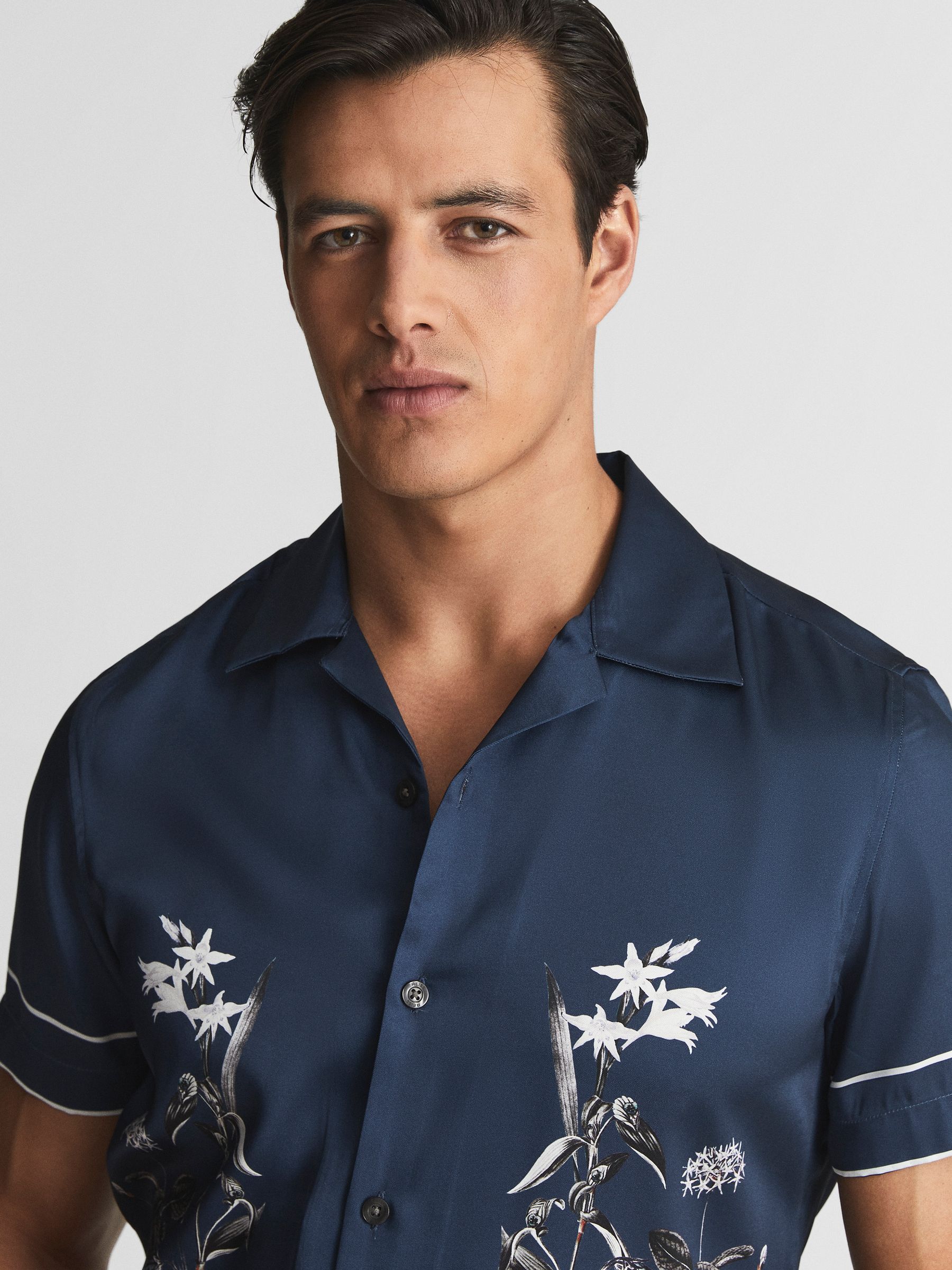 Cuban Collar Floral Shirt in Steel Blue - Image 4 of 6