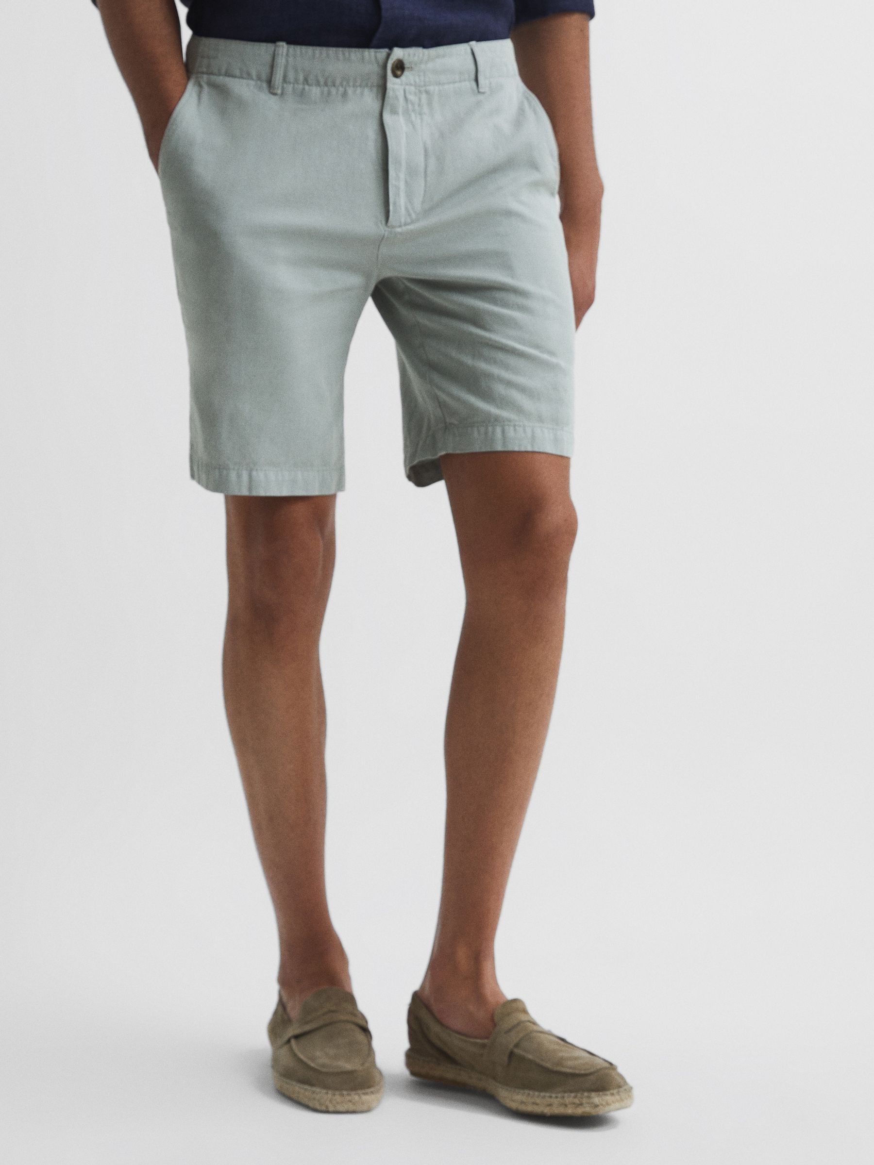 Cotton-Linen Blend Shorts in Soft Sage - Image 1 of 6