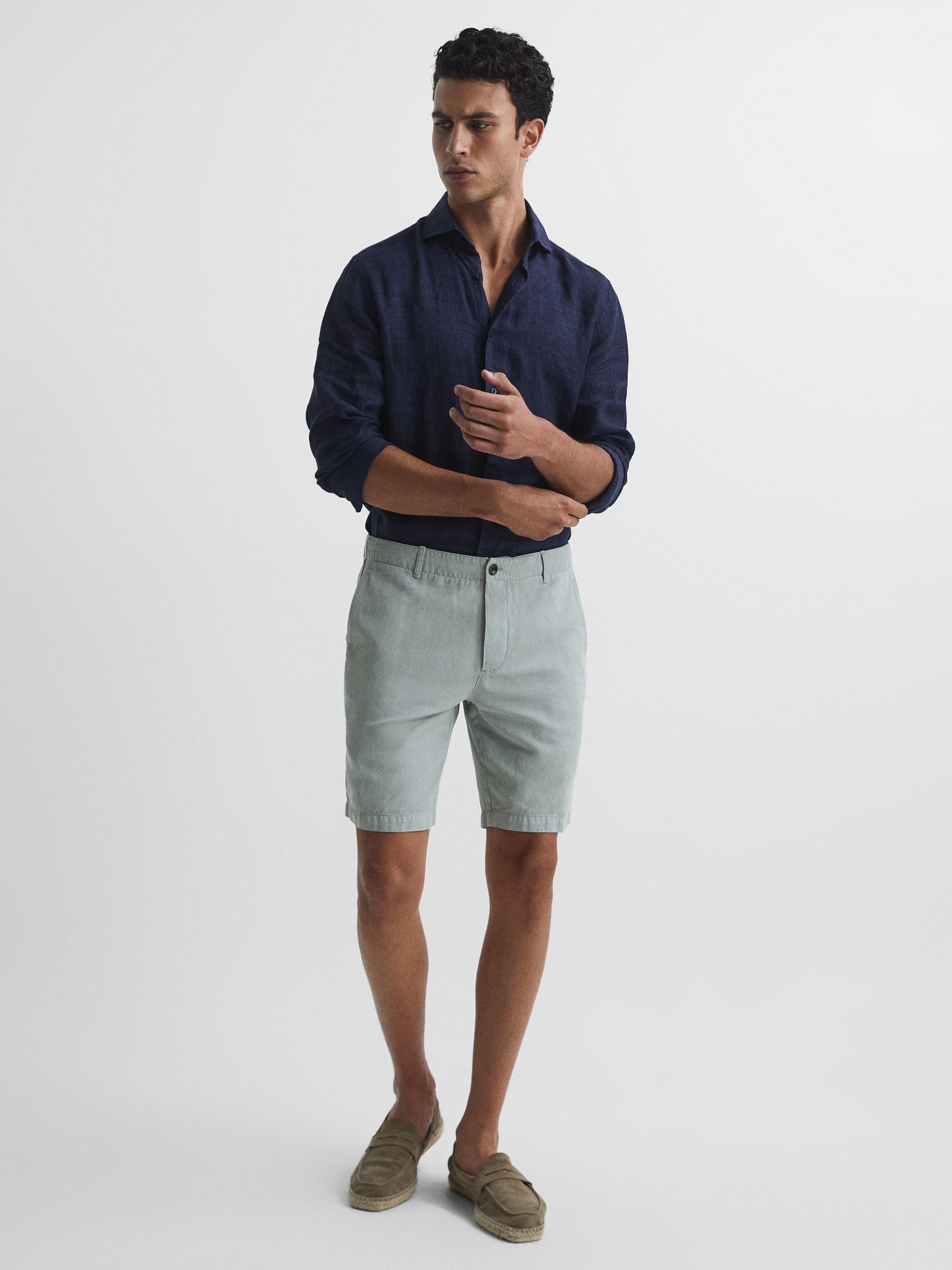 Cotton-Linen Blend Shorts in Soft Sage - Image 3 of 6