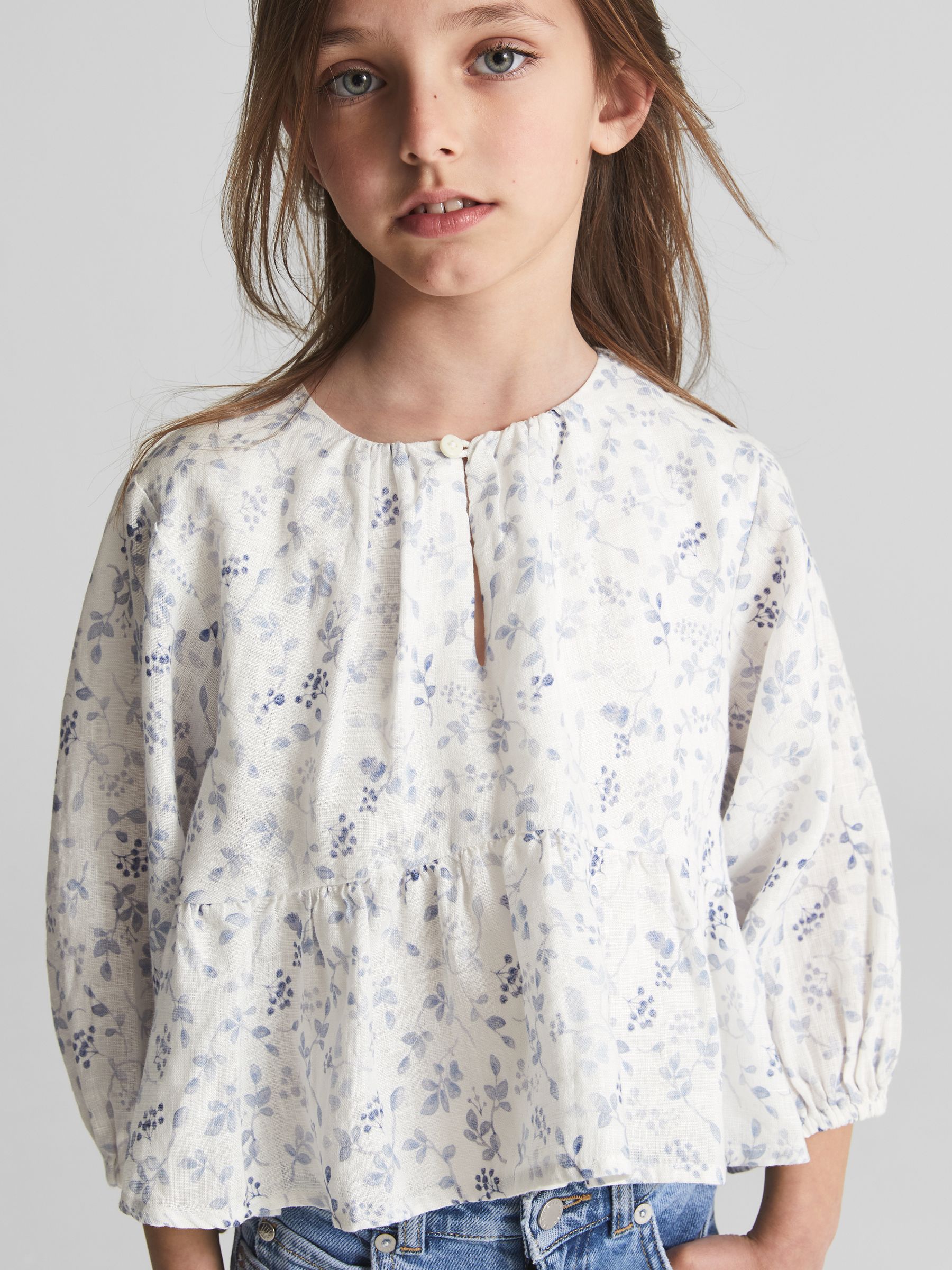 Long Sleeve Blouse in Blue Print - Image 1 of 5 Long Sleeve Blouse in Blue Print - Image 1 of 5