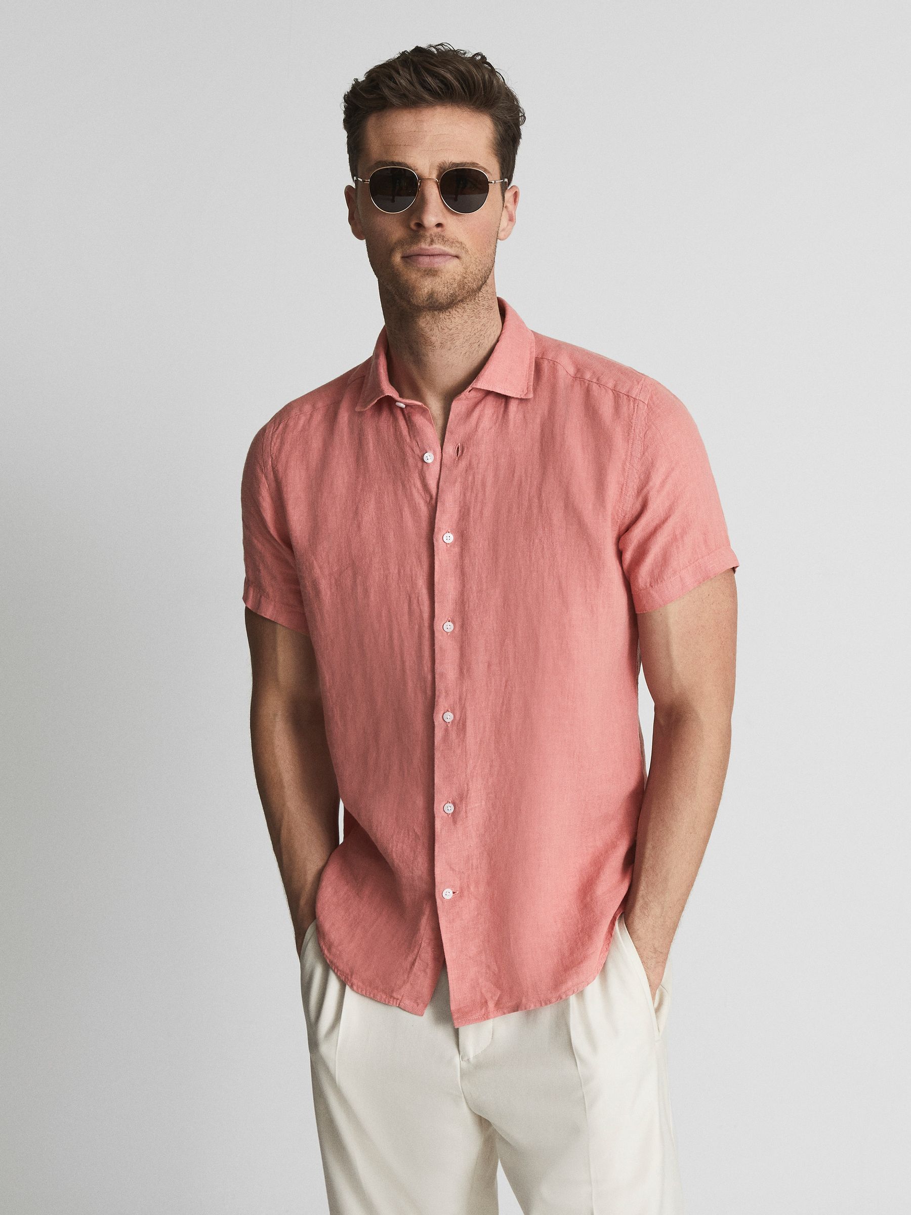 Linen Slim Fit Shirt in Coral - Image 1 of 5