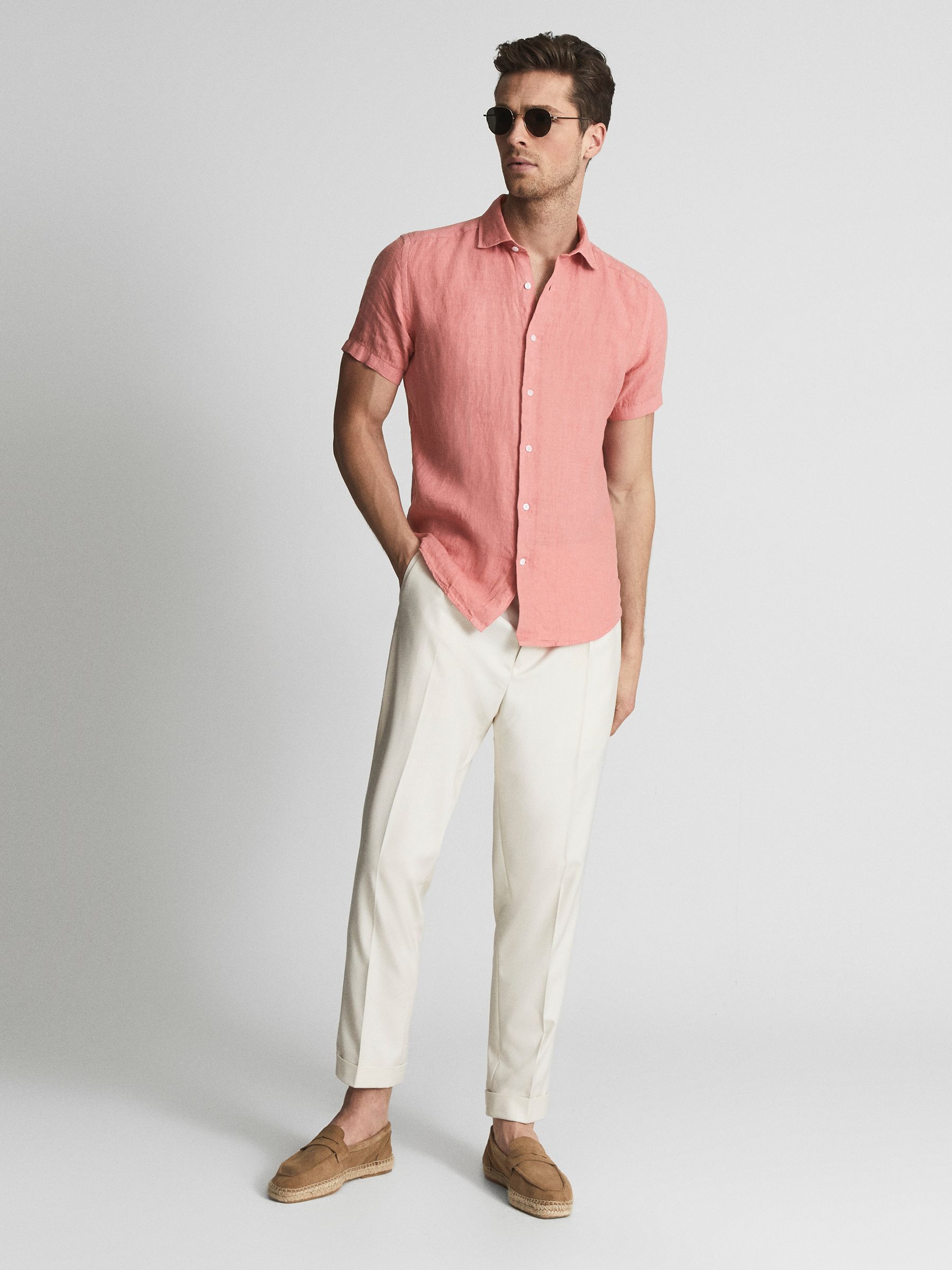Linen Slim Fit Shirt in Coral - Image 3 of 5