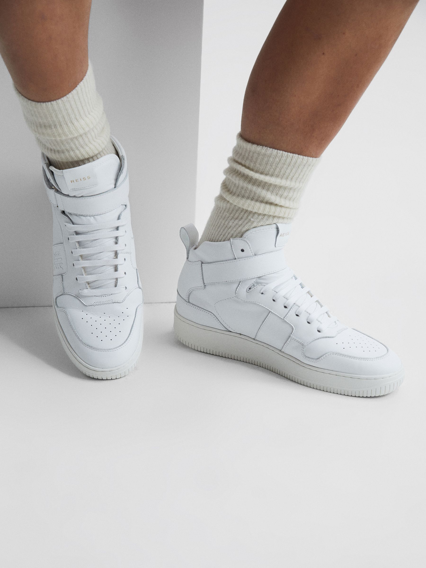 High Top Leather Trainers in White - Image 2 of 7