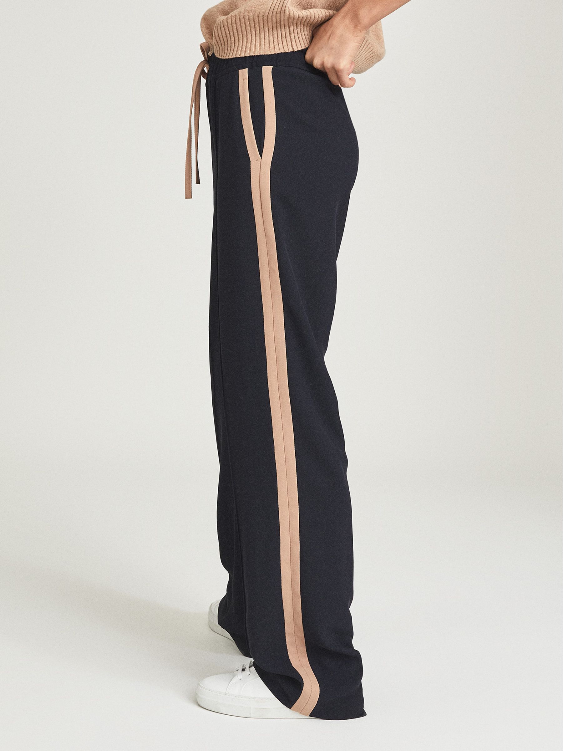 Reiss Wide Leg Side Stripe Trousers in Navy REISS