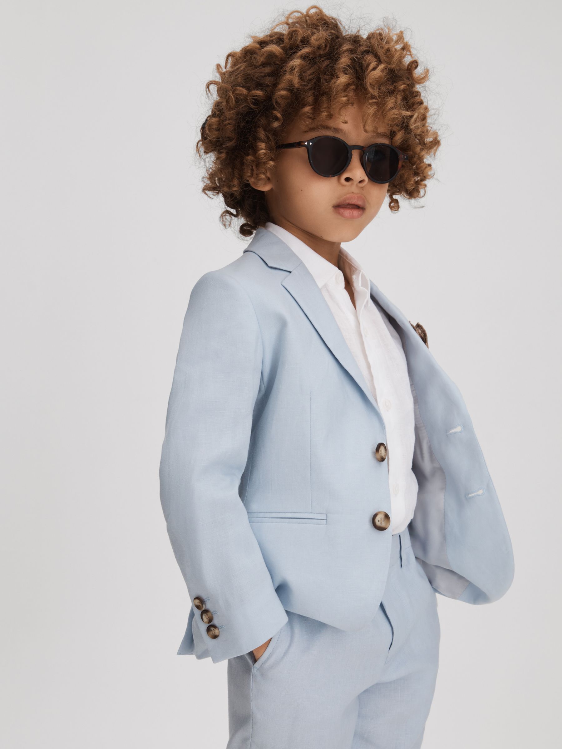 Junior Slim Fit Single Breasted Linen Blazer in Soft Blue - Image 1 of 6